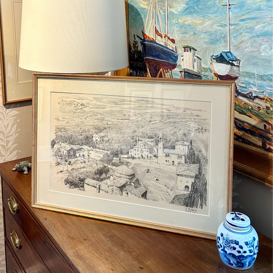 Vintage Sprawling Mediterranean Landscape Pencil Drawing in Gold Frame