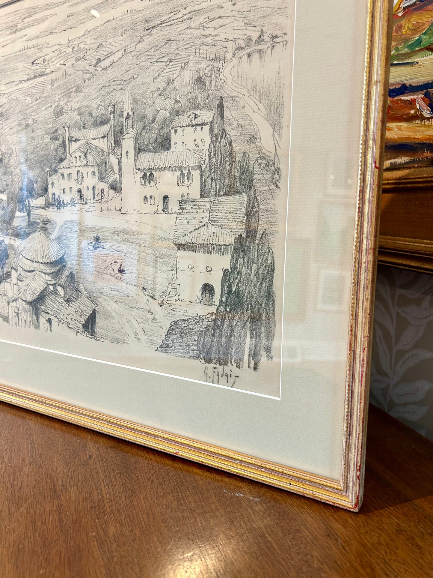 Vintage Sprawling Mediterranean Landscape Pencil Drawing in Gold Frame