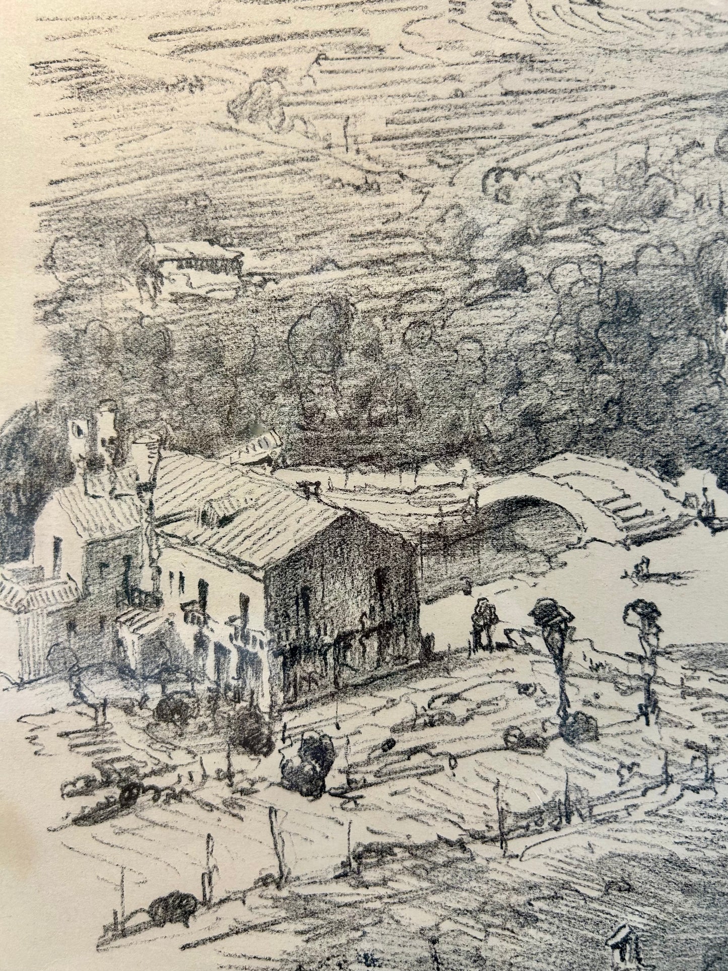 Vintage Sprawling Mediterranean Landscape Pencil Drawing in Gold Frame