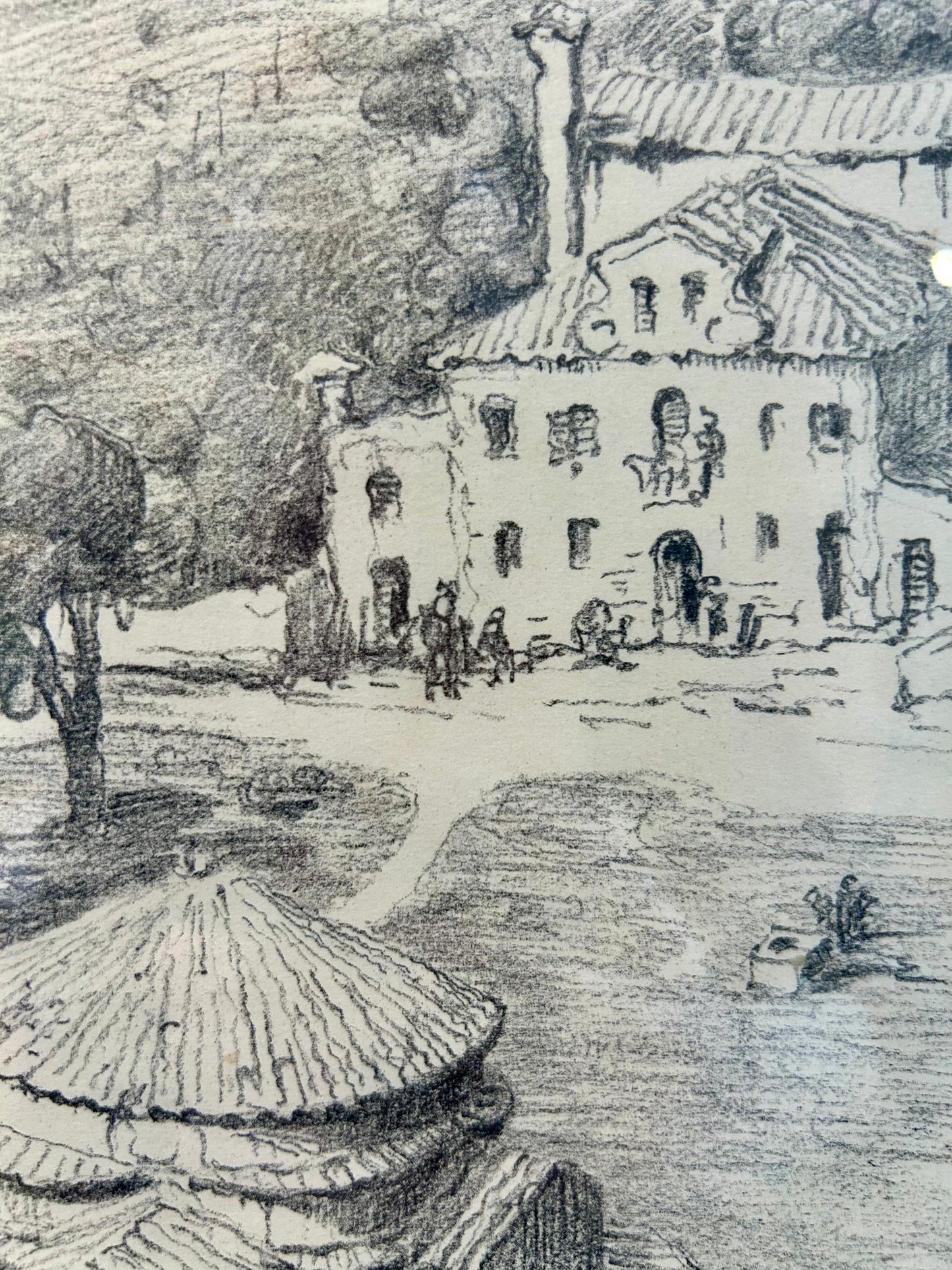 Vintage Sprawling Mediterranean Landscape Pencil Drawing in Gold Frame