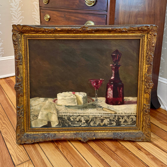 Robert Oliver Frick Birthday Dinner, 1940 Cake and Wine Still Life Oil Painting in Ornate Gilded Frame