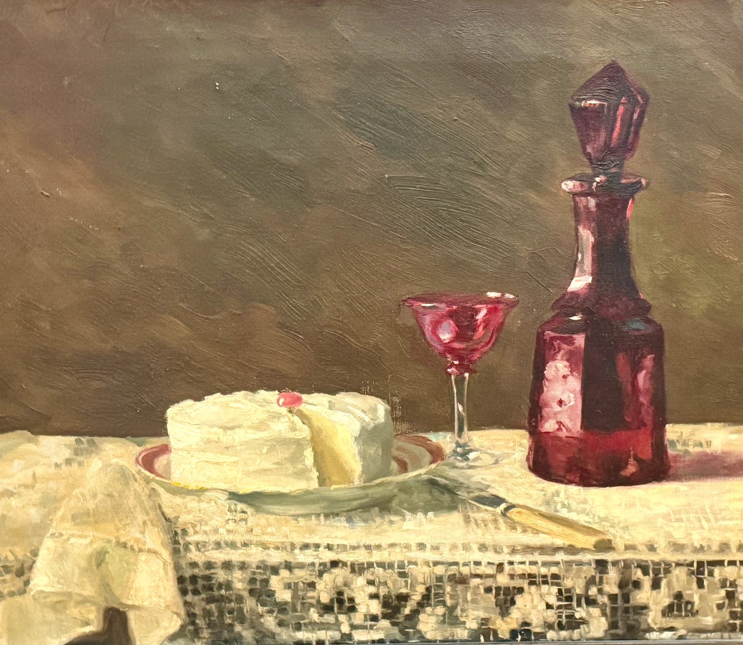 Robert Oliver Frick Birthday Dinner, 1940 Cake and Wine Still Life Oil Painting in Ornate Gilded Frame