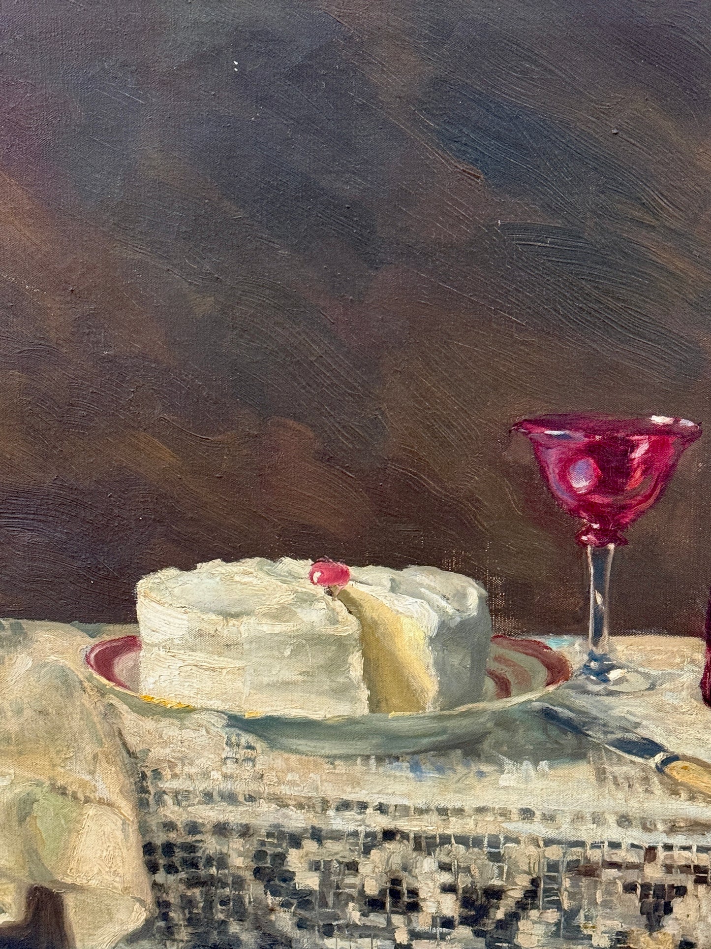 Robert Oliver Frick Birthday Dinner, 1940 Cake and Wine Still Life Oil Painting in Ornate Gilded Frame