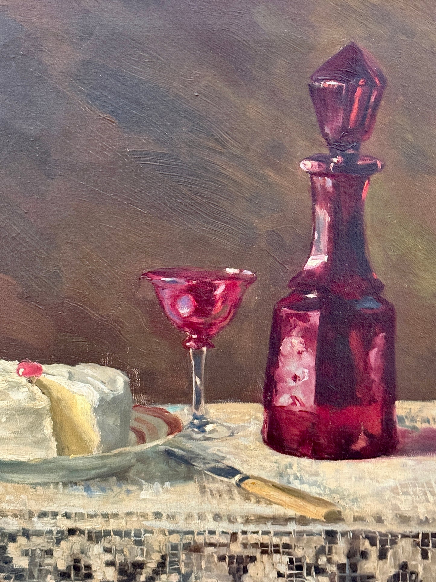 Robert Oliver Frick Birthday Dinner, 1940 Cake and Wine Still Life Oil Painting in Ornate Gilded Frame