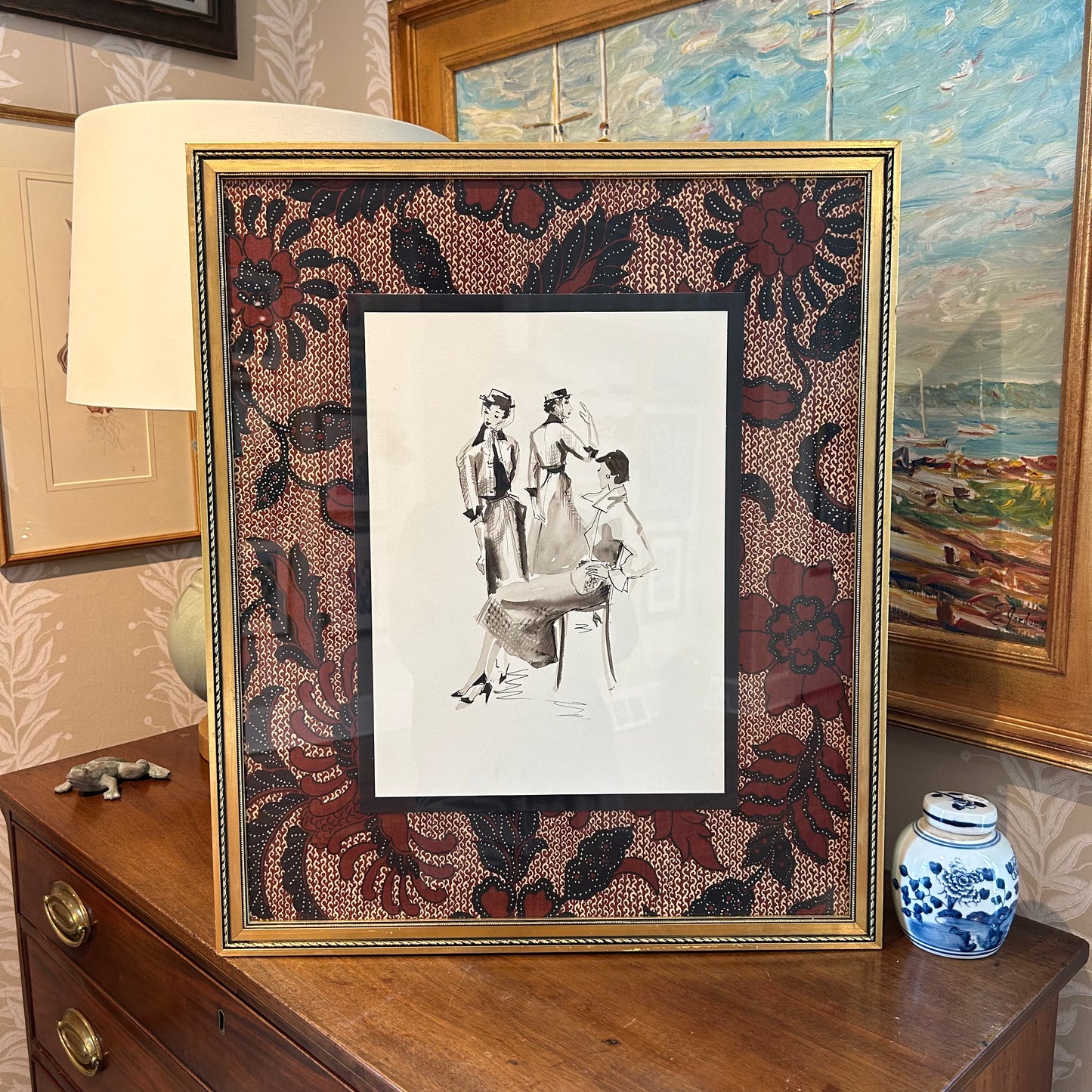 Catherine Figart Vogue Watercolor Fashion Illustration on Robert Allen Fabric in Gold Frame