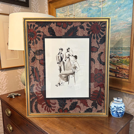 Catherine Figart Vogue Watercolor Fashion Illustration on Robert Allen Fabric in Gold Frame