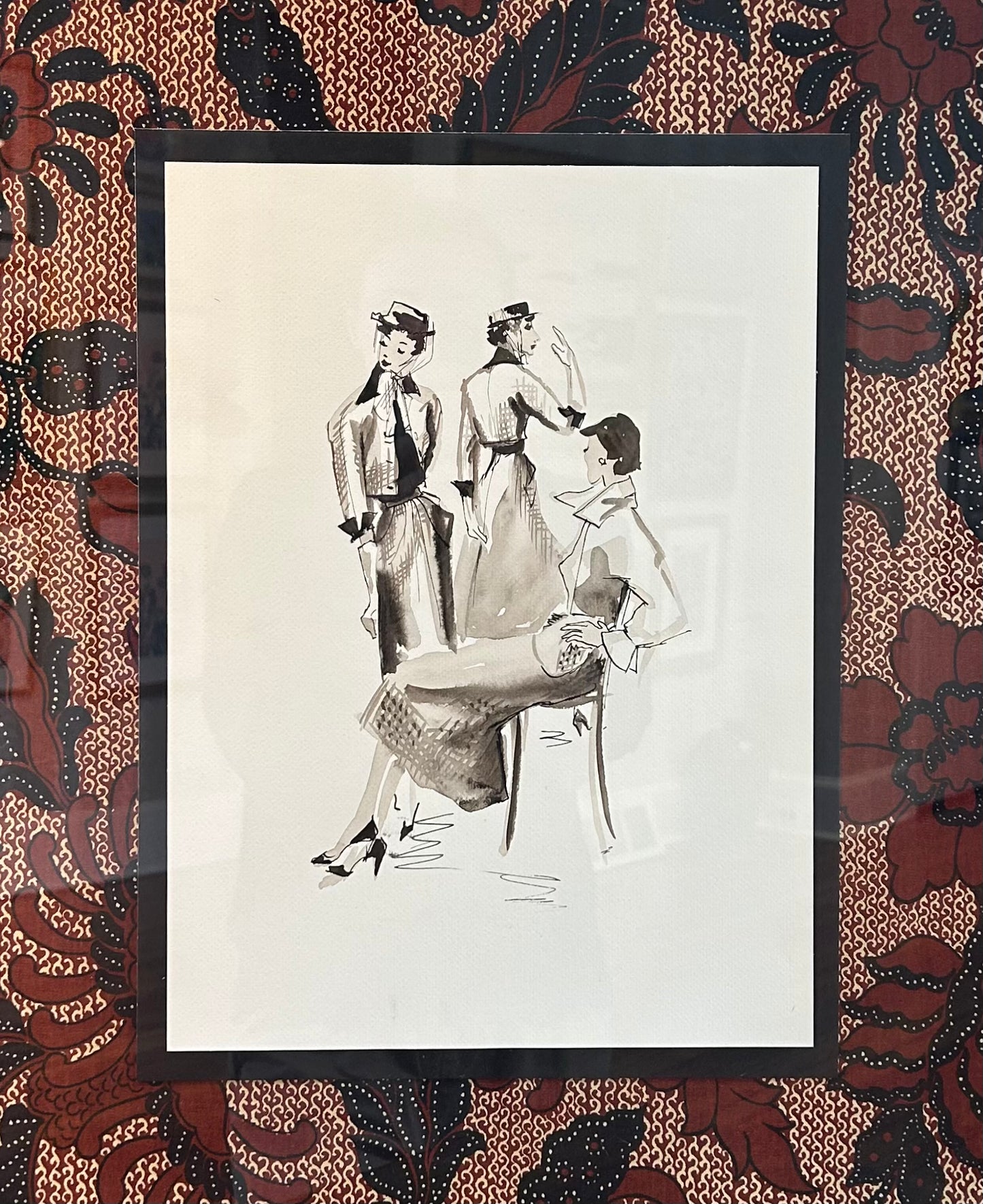 Catherine Figart Vogue Watercolor Fashion Illustration on Robert Allen Fabric in Gold Frame