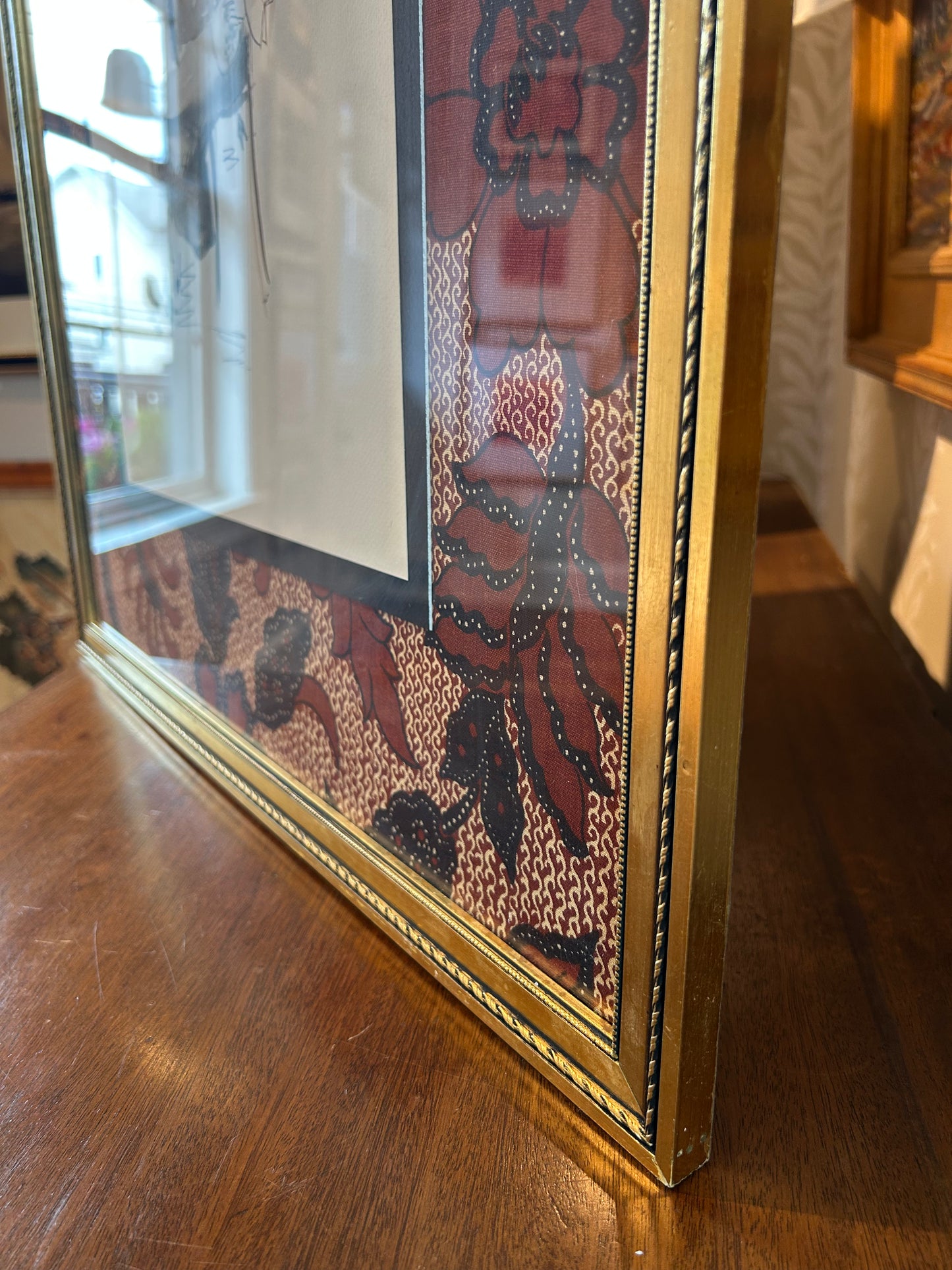 Catherine Figart Vogue Watercolor Fashion Illustration on Robert Allen Fabric in Gold Frame