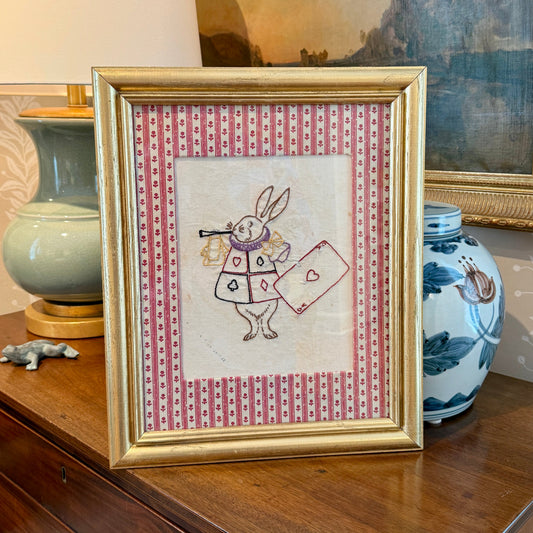 Alice in Wonderland White Rabbit Vintage Redwork Embroidery on Pink Floral Brunschwig & Fils in Gold Frame