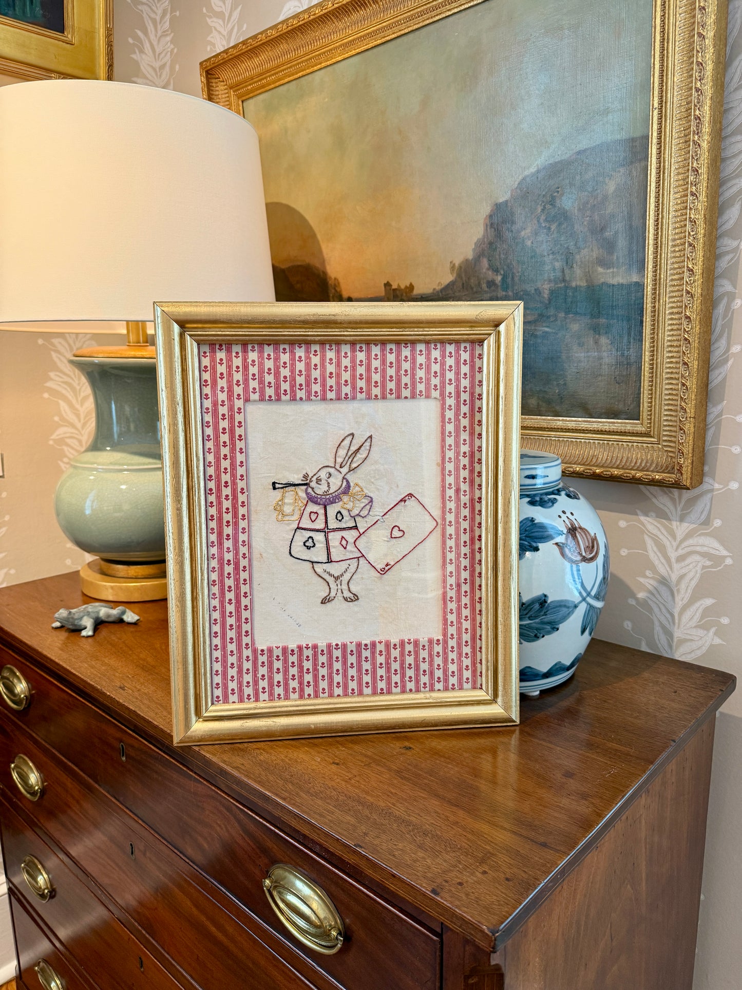 Alice in Wonderland White Rabbit Vintage Redwork Embroidery on Pink Floral Brunschwig & Fils in Gold Frame