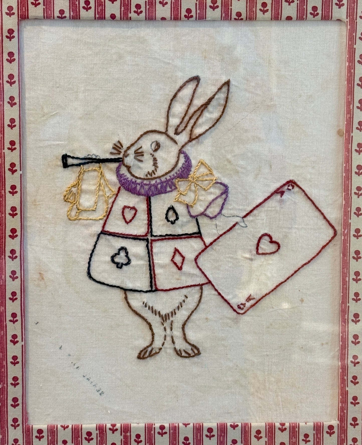 Alice in Wonderland White Rabbit Vintage Redwork Embroidery on Pink Floral Brunschwig & Fils in Gold Frame