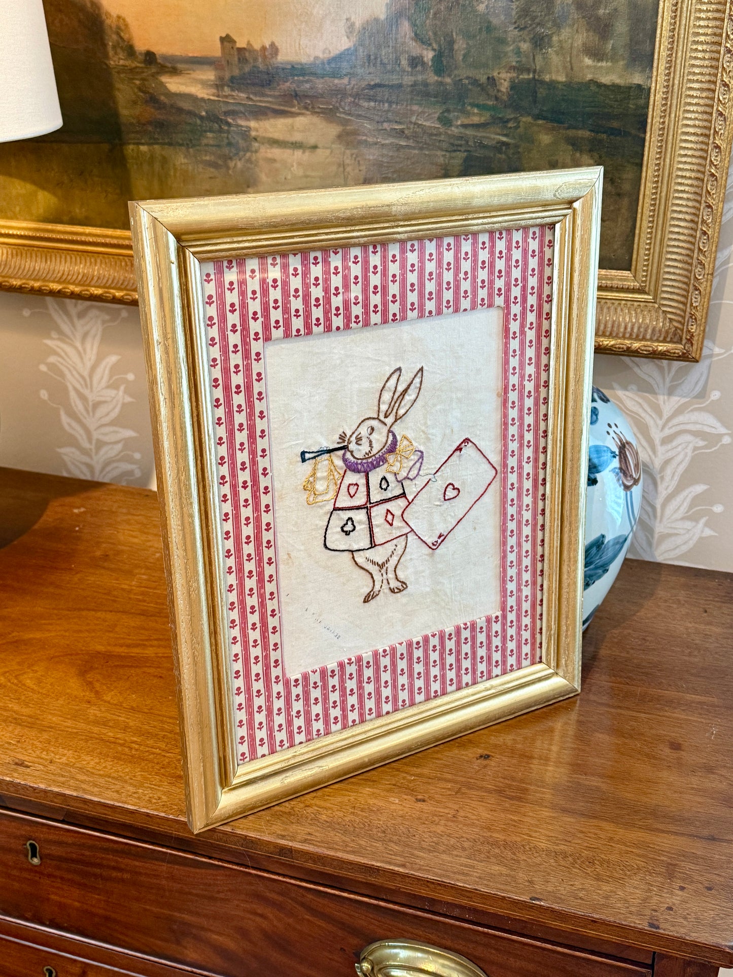 Alice in Wonderland White Rabbit Vintage Redwork Embroidery on Pink Floral Brunschwig & Fils in Gold Frame