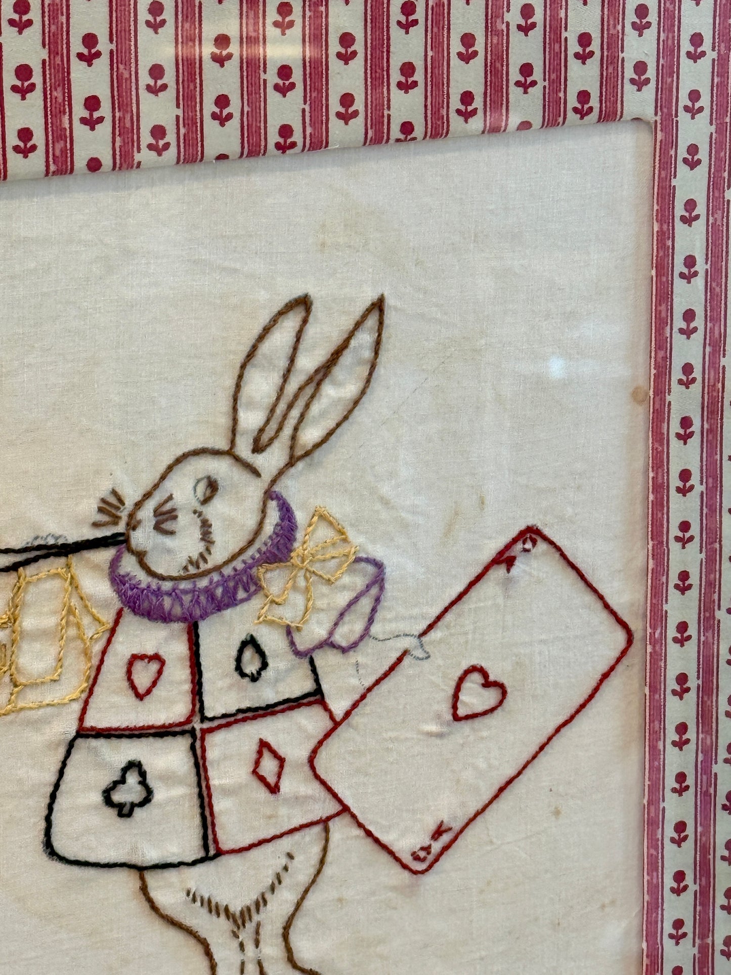 Alice in Wonderland White Rabbit Vintage Redwork Embroidery on Pink Floral Brunschwig & Fils in Gold Frame
