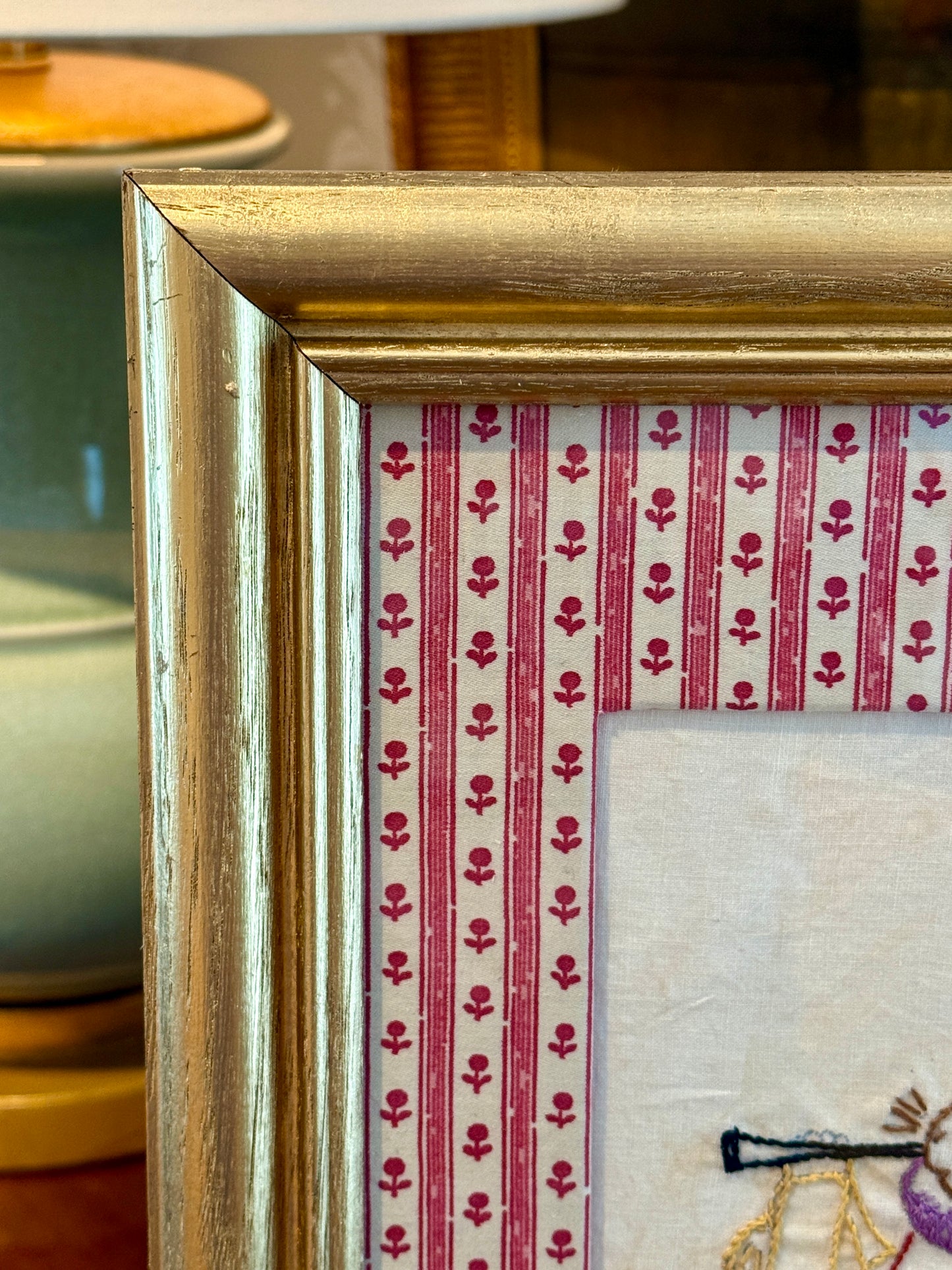Alice in Wonderland White Rabbit Vintage Redwork Embroidery on Pink Floral Brunschwig & Fils in Gold Frame