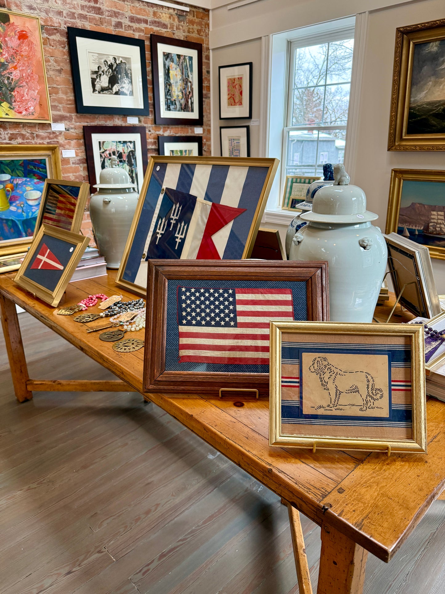 Vintage 50 Staggered Star American Flag on Blue Ralph Lauren Herringbone in Oak Wood Frame