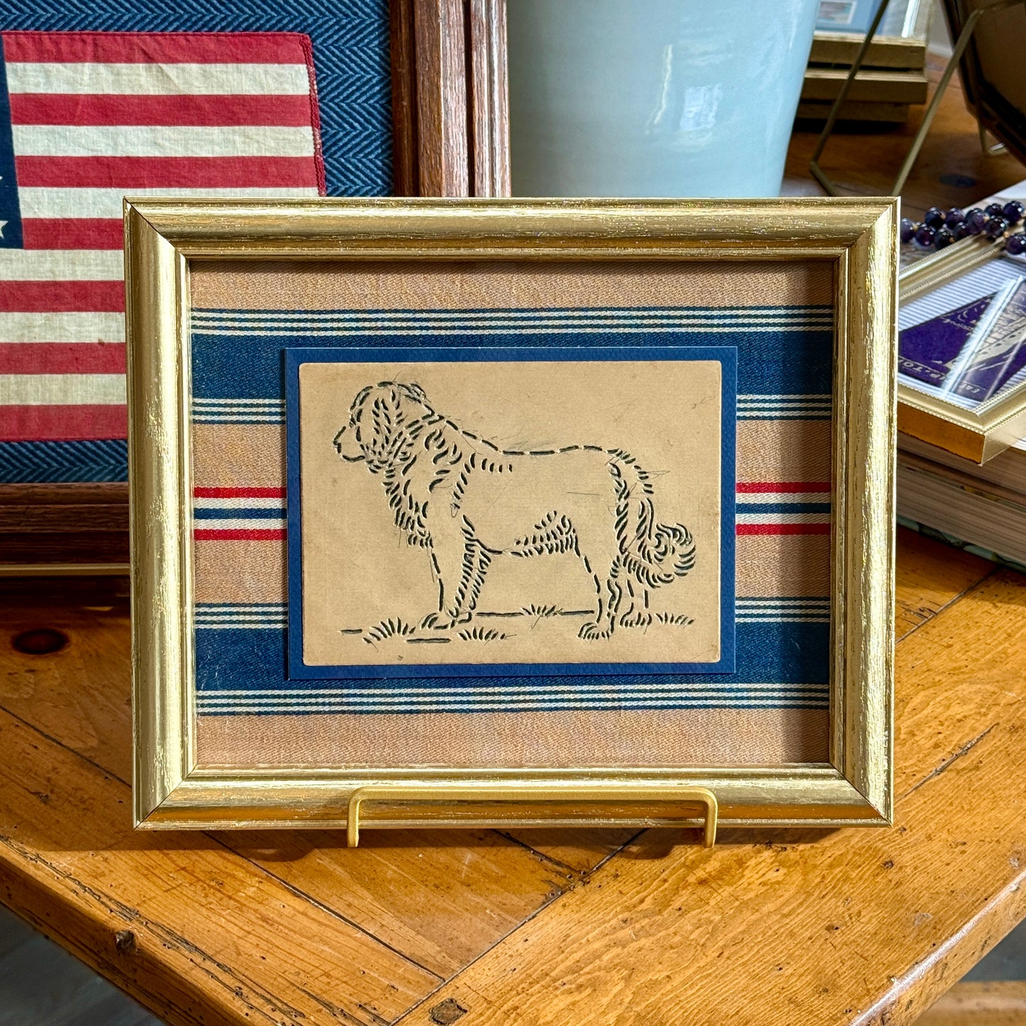 Vintage Retriever Dog Quilting Stencil on Red and Blue Stripes in Gold Frame
