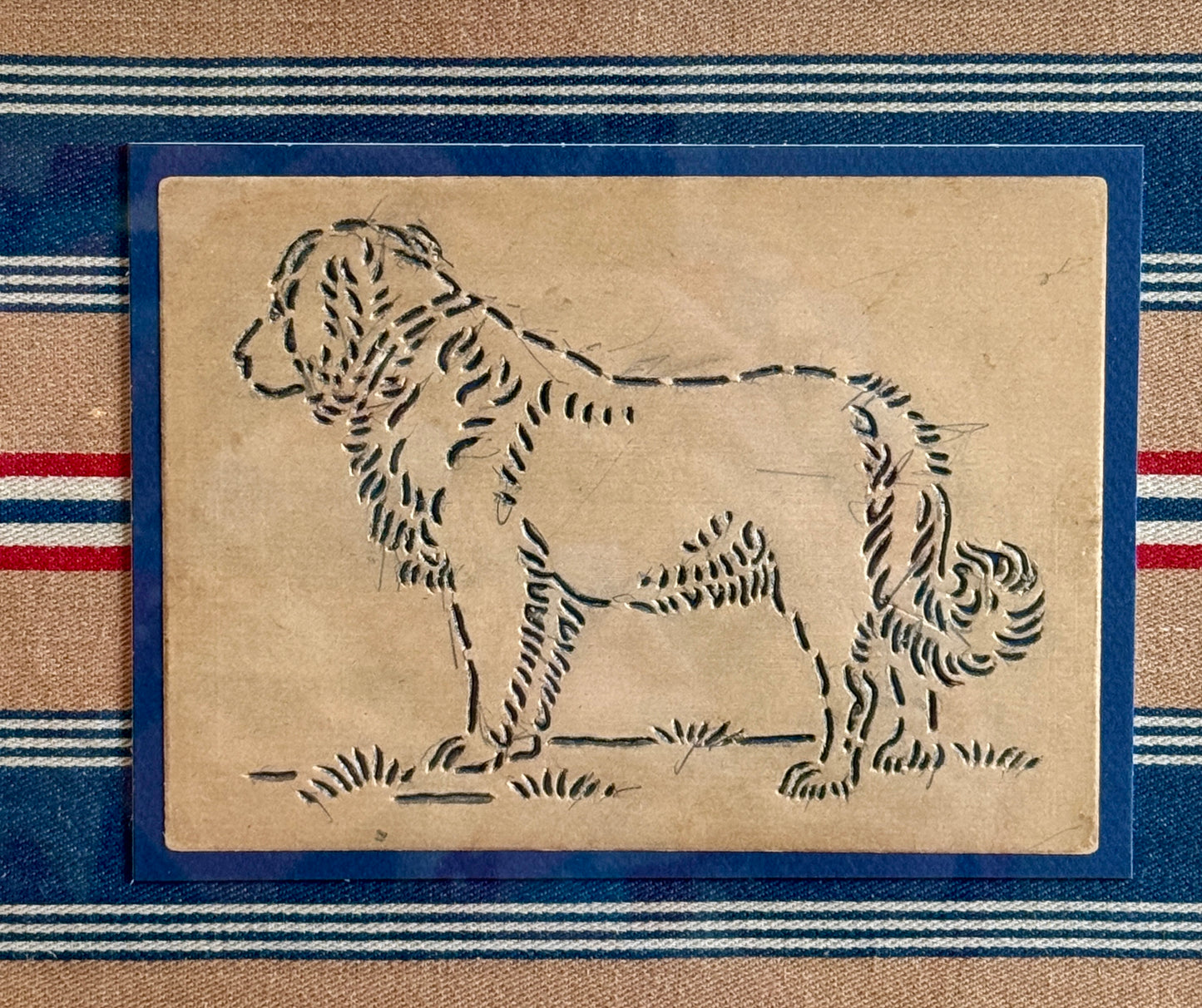 Vintage Retriever Dog Quilting Stencil on Red and Blue Stripes in Gold Frame