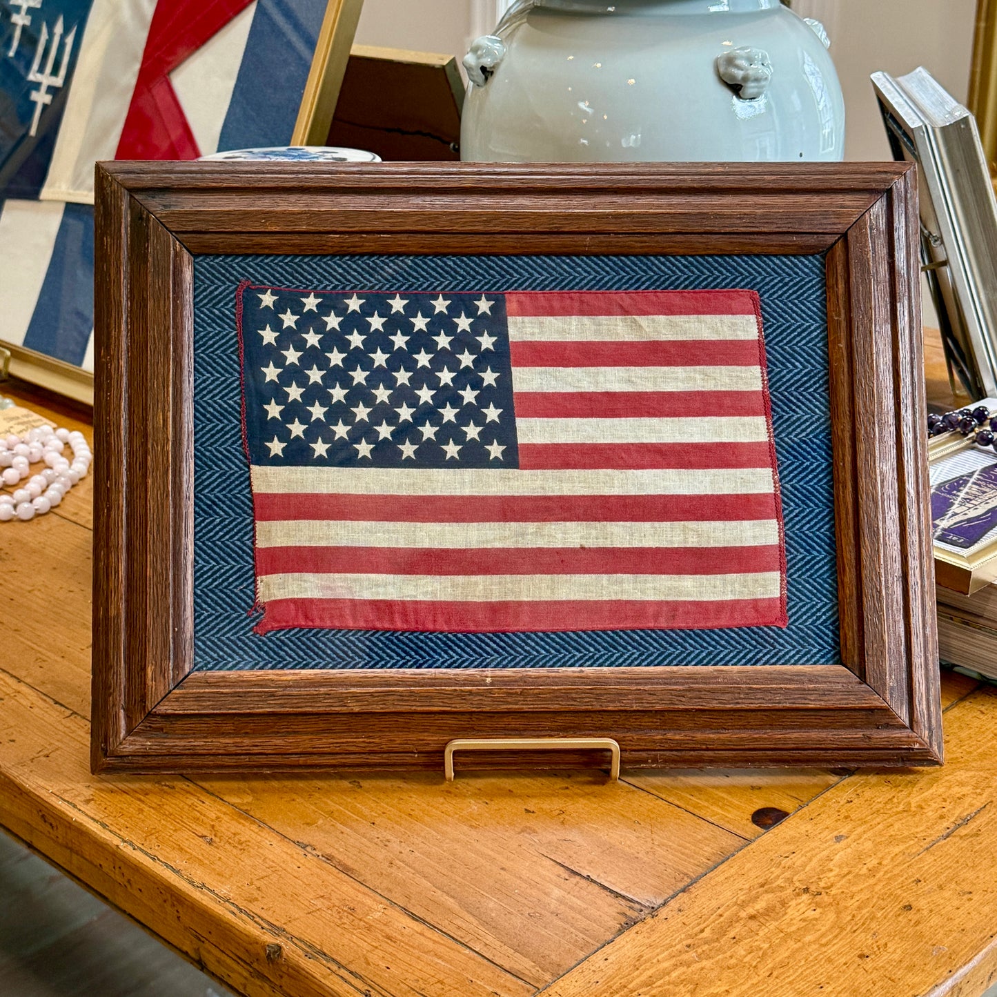 Vintage 50 Staggered Star American Flag on Blue Ralph Lauren Herringbone in Oak Wood Frame