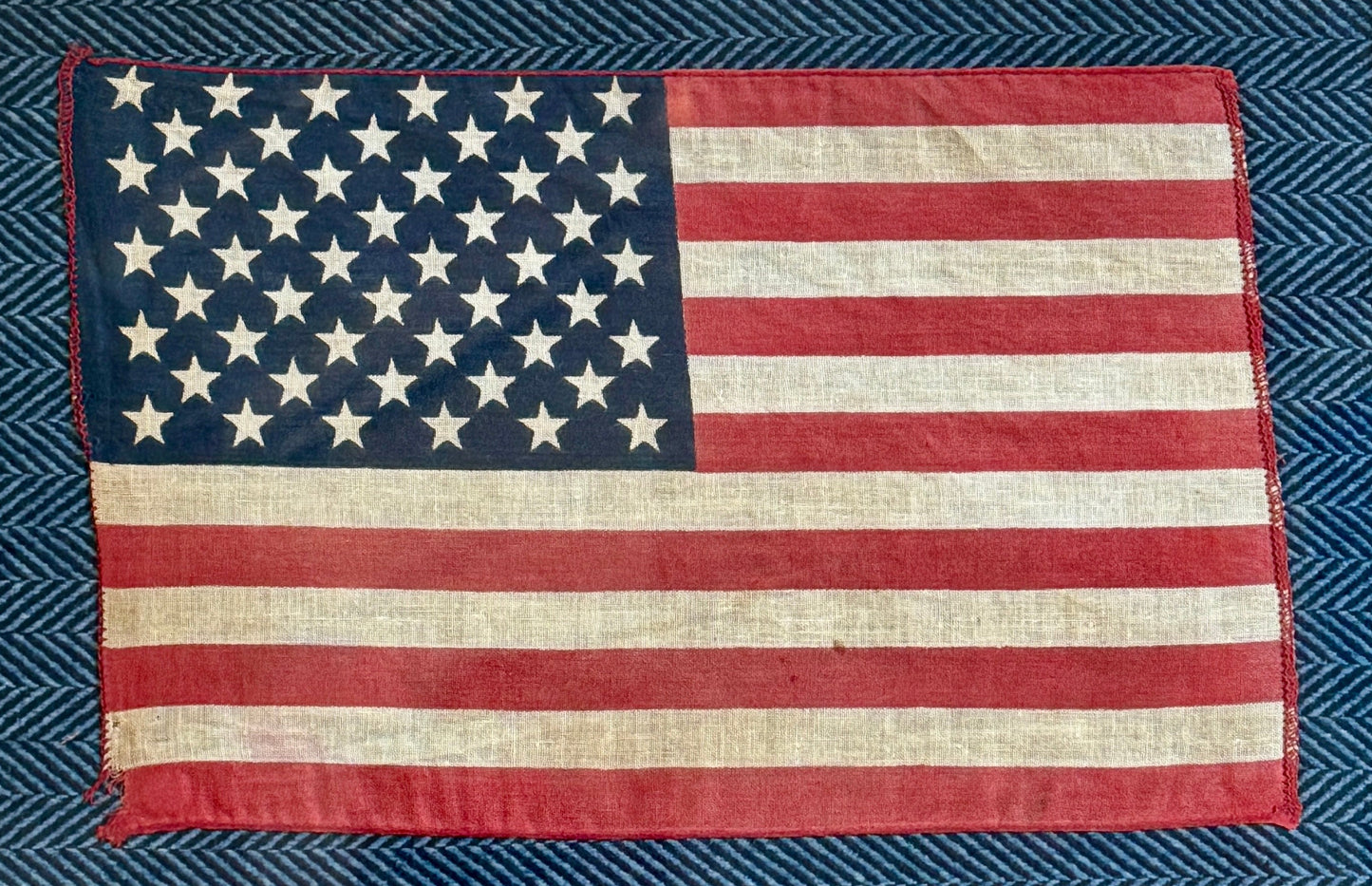 Vintage 50 Staggered Star American Flag on Blue Ralph Lauren Herringbone in Oak Wood Frame