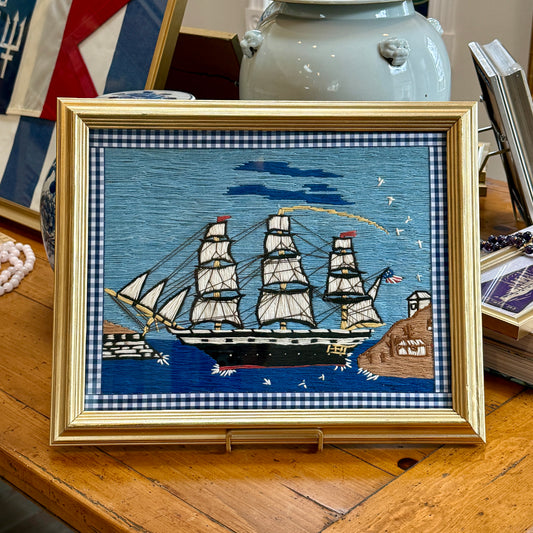 Vintage Sailor's "Woolie" Woolwork Needlepoint American Sailboat Portrait Trimmed in Gingham in Gold Frame