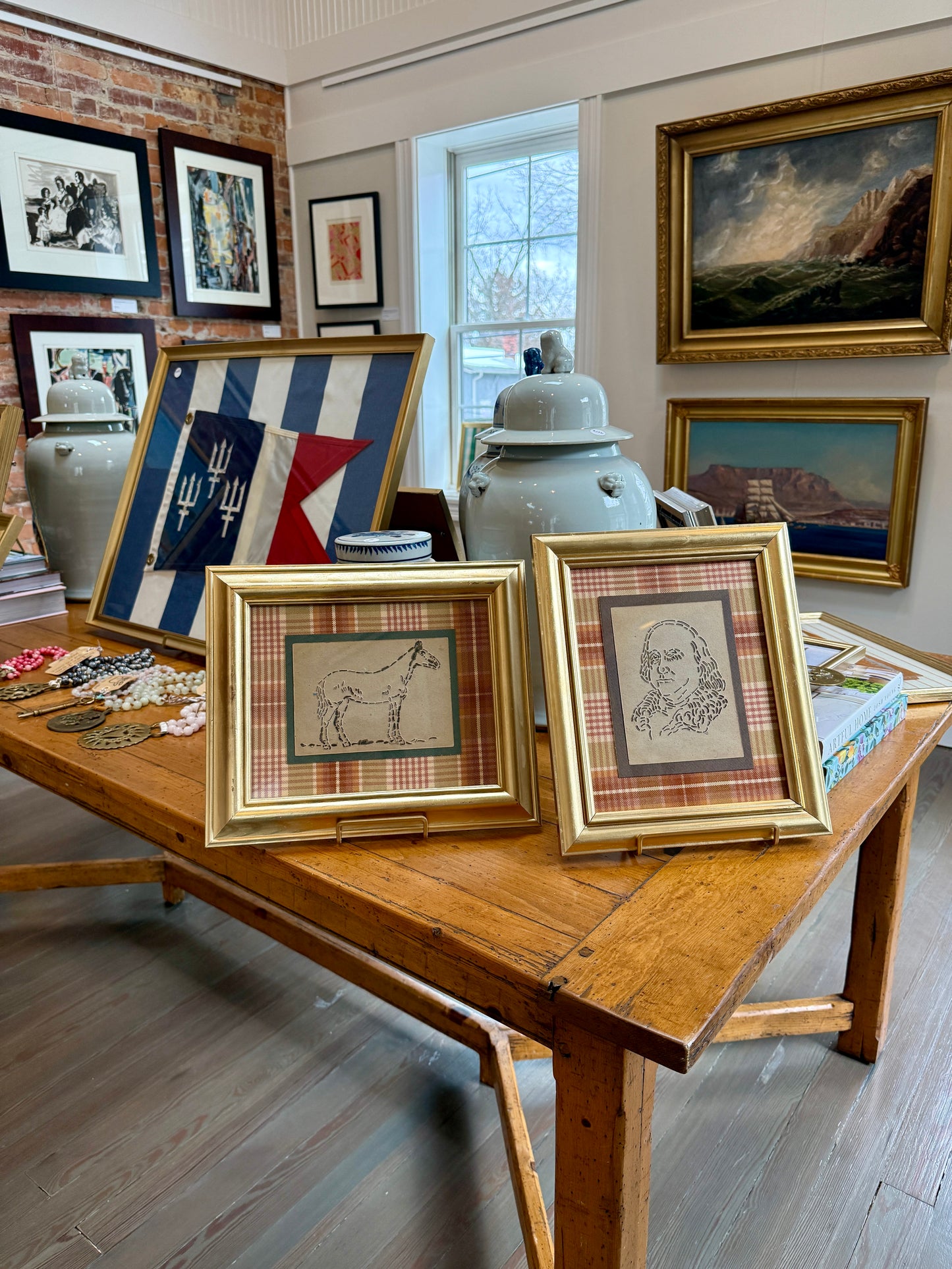 Vintage Benjamin Franklin Quilting Stencil on Plaid in Gold Frame
