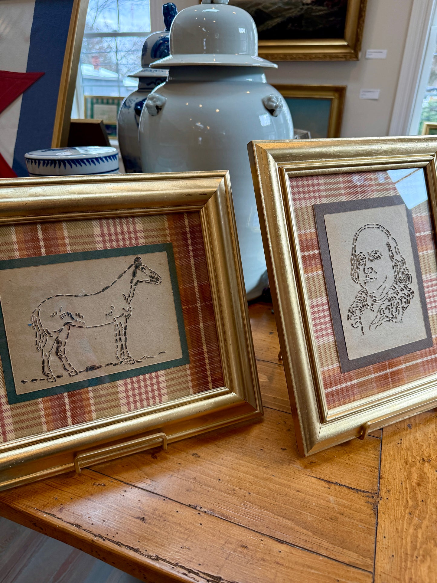 Vintage Benjamin Franklin Quilting Stencil on Plaid in Gold Frame