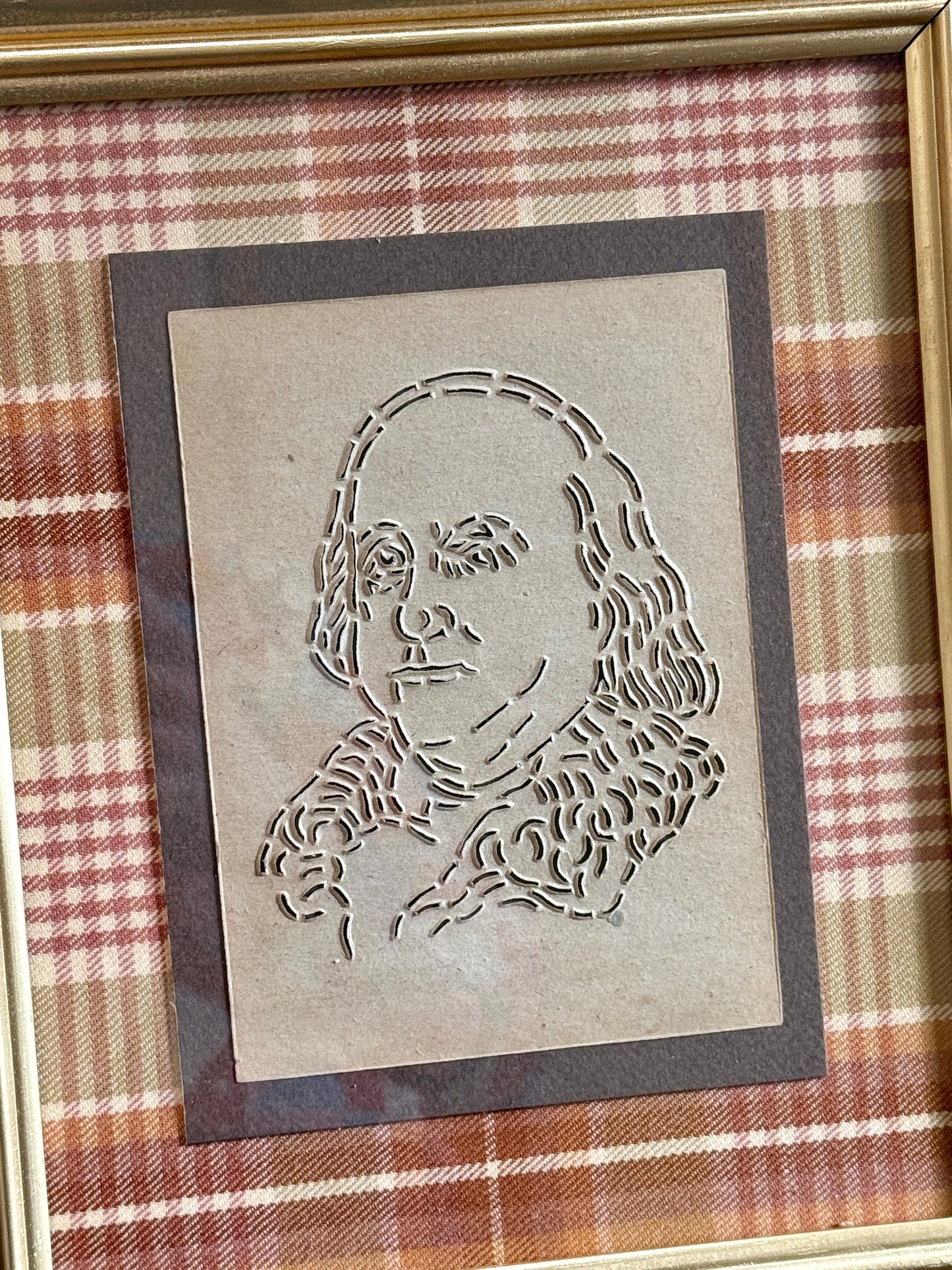 Vintage Benjamin Franklin Quilting Stencil on Plaid in Gold Frame