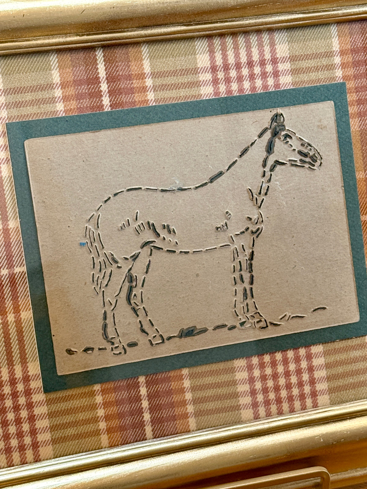 Vintage Horse Quilting Stencil on Plaid in Gold Frame