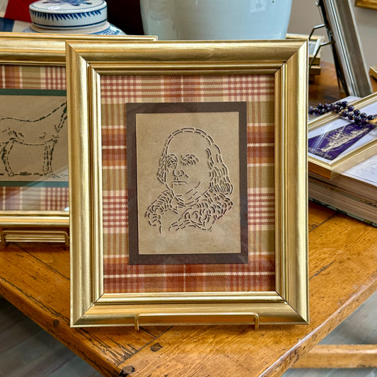 Vintage Benjamin Franklin Quilting Stencil on Plaid in Gold Frame