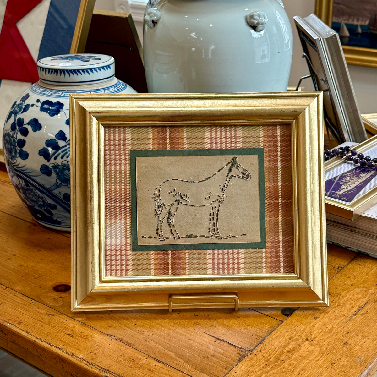 Vintage Horse Quilting Stencil on Plaid in Gold Frame