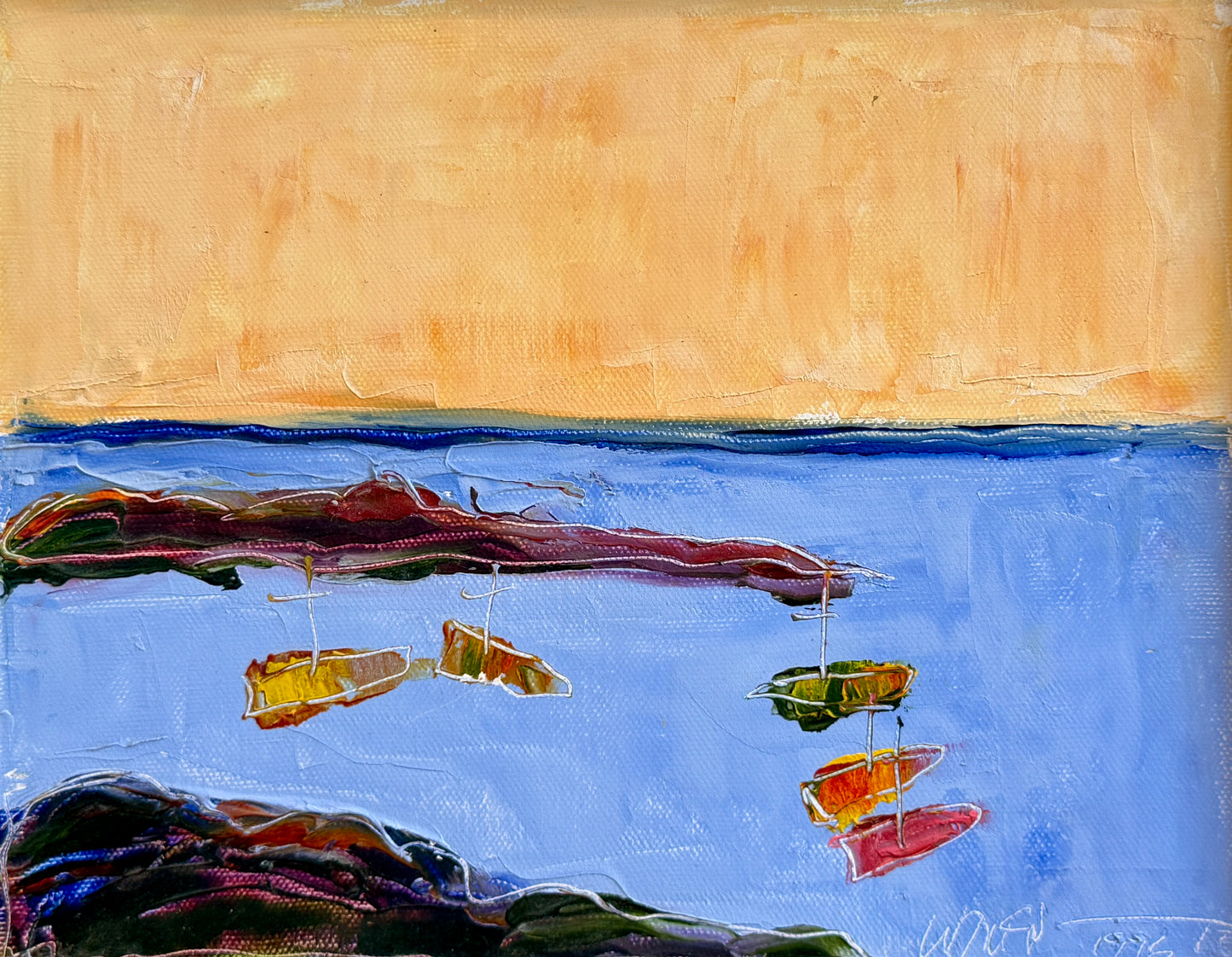 John McNally Sailboats in Sebasco (Maine) Oil Painting in Wood Floater Frame