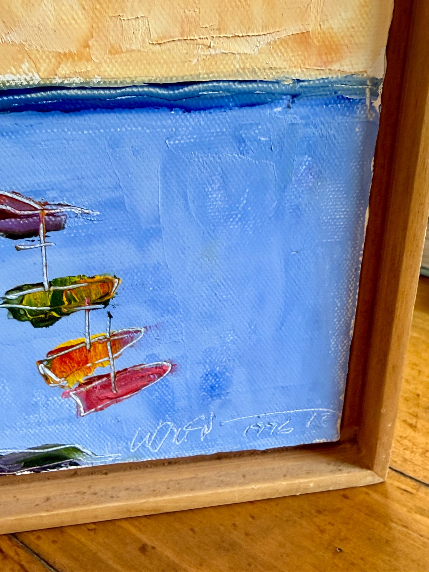 John McNally Sailboats in Sebasco (Maine) Oil Painting in Wood Floater Frame