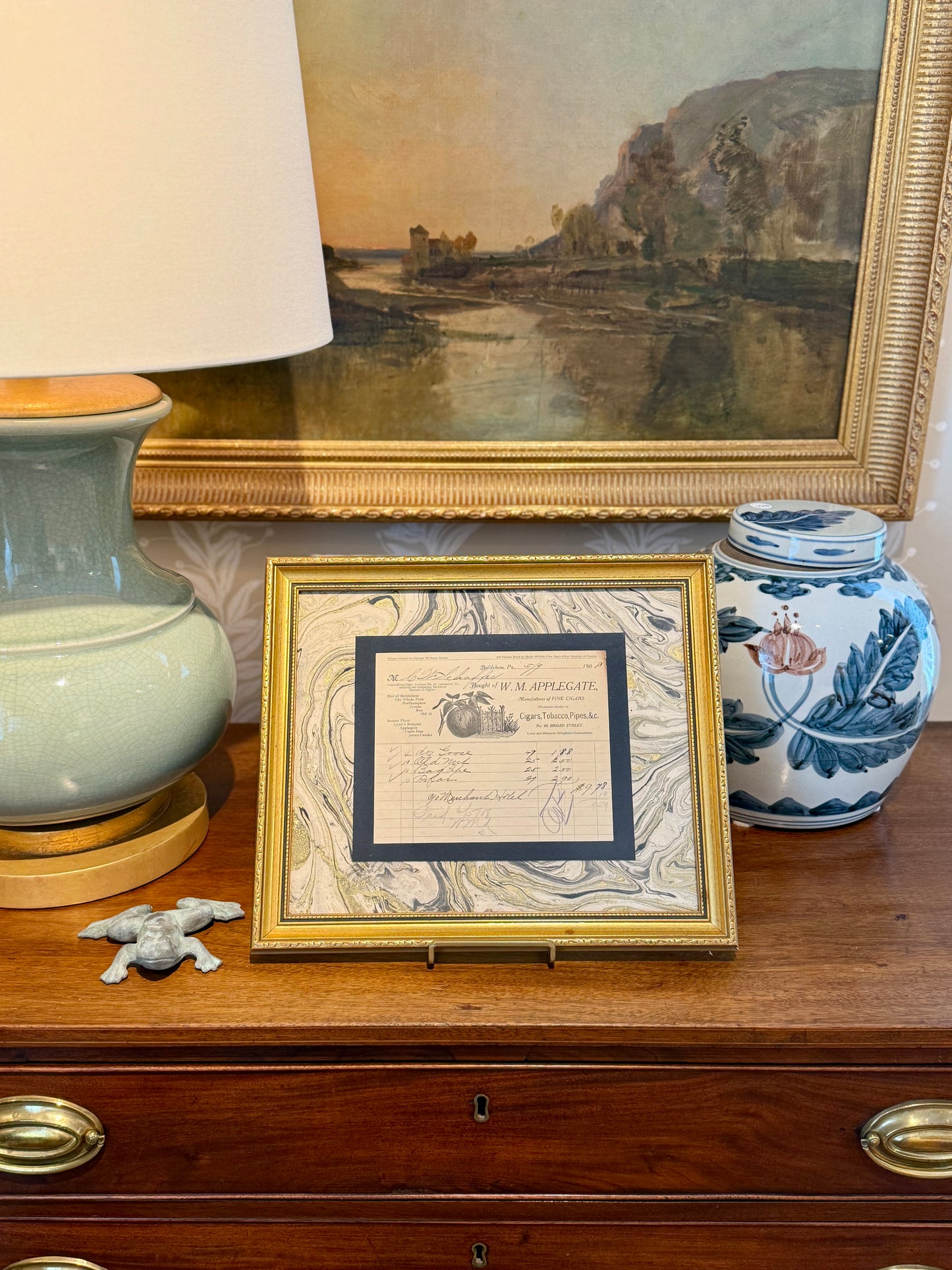 1908 W.M. Applegate Cigar Shop Receipt on Hand Marbled Paper in Vintage Gold Frame
