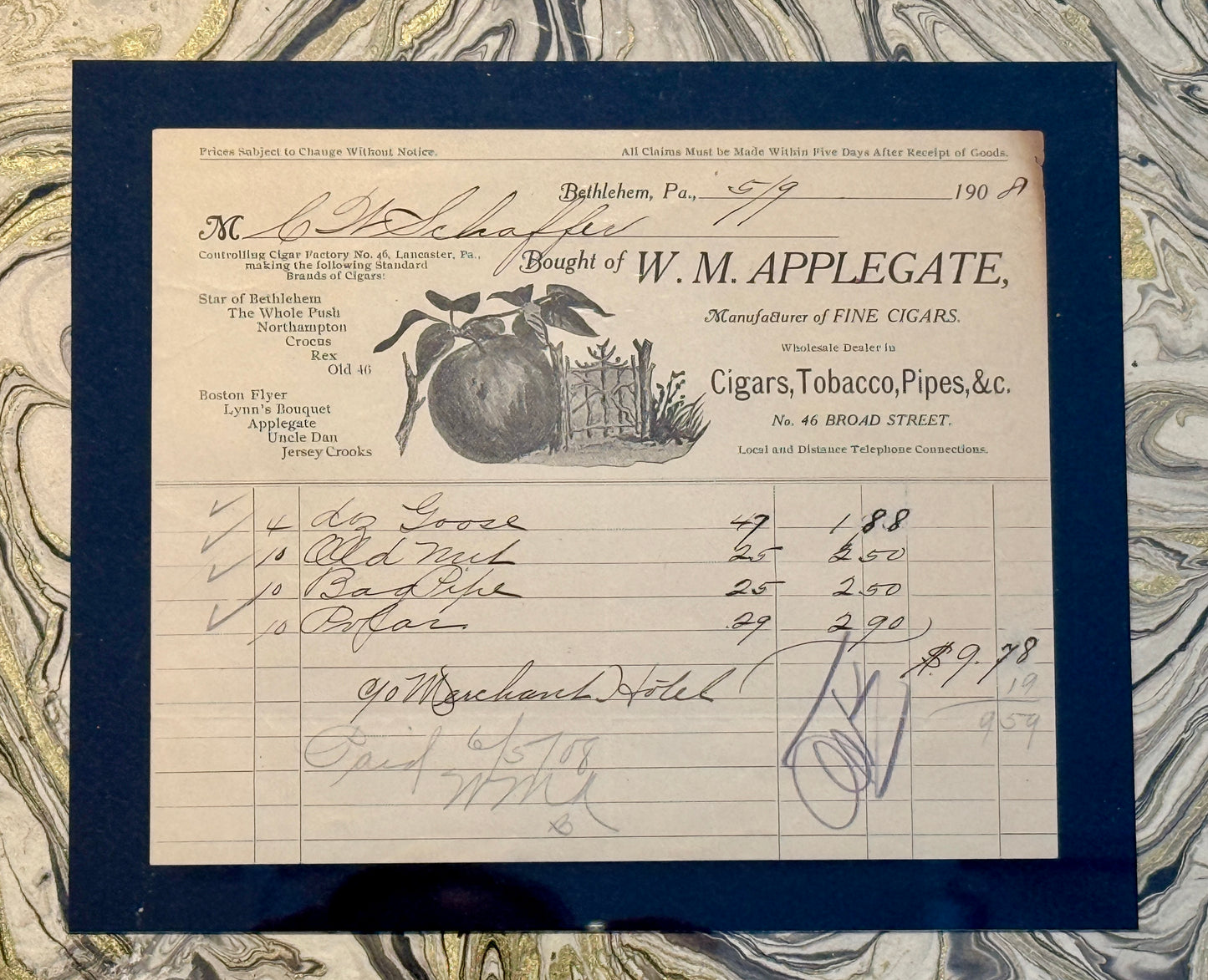 1908 W.M. Applegate Cigar Shop Receipt on Hand Marbled Paper in Vintage Gold Frame