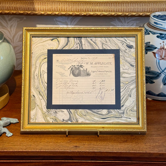 1908 W.M. Applegate Cigar Shop Receipt on Hand Marbled Paper in Vintage Gold Frame