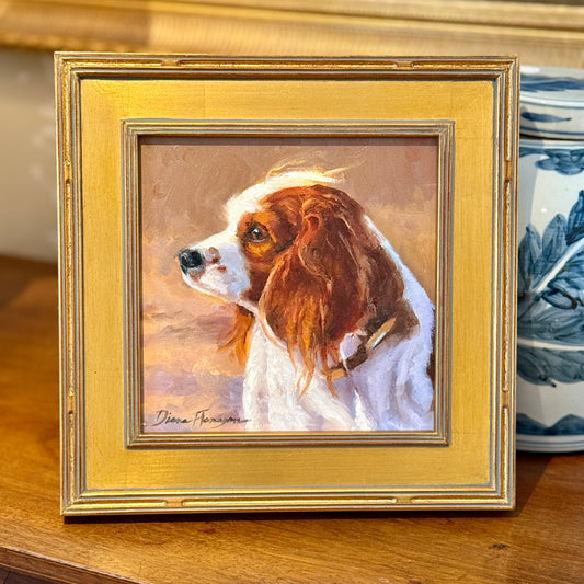 Diane Flanagan Copper King Charles Cavalier Dog Portrait Oil Painting in Gold Frame
