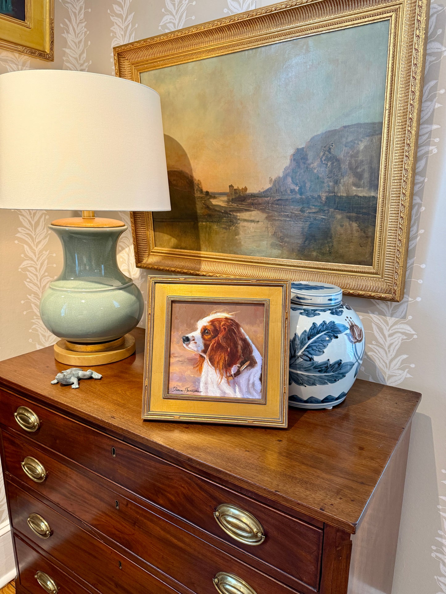 Diane Flanagan Copper King Charles Cavalier Dog Portrait Oil Painting in Gold Frame
