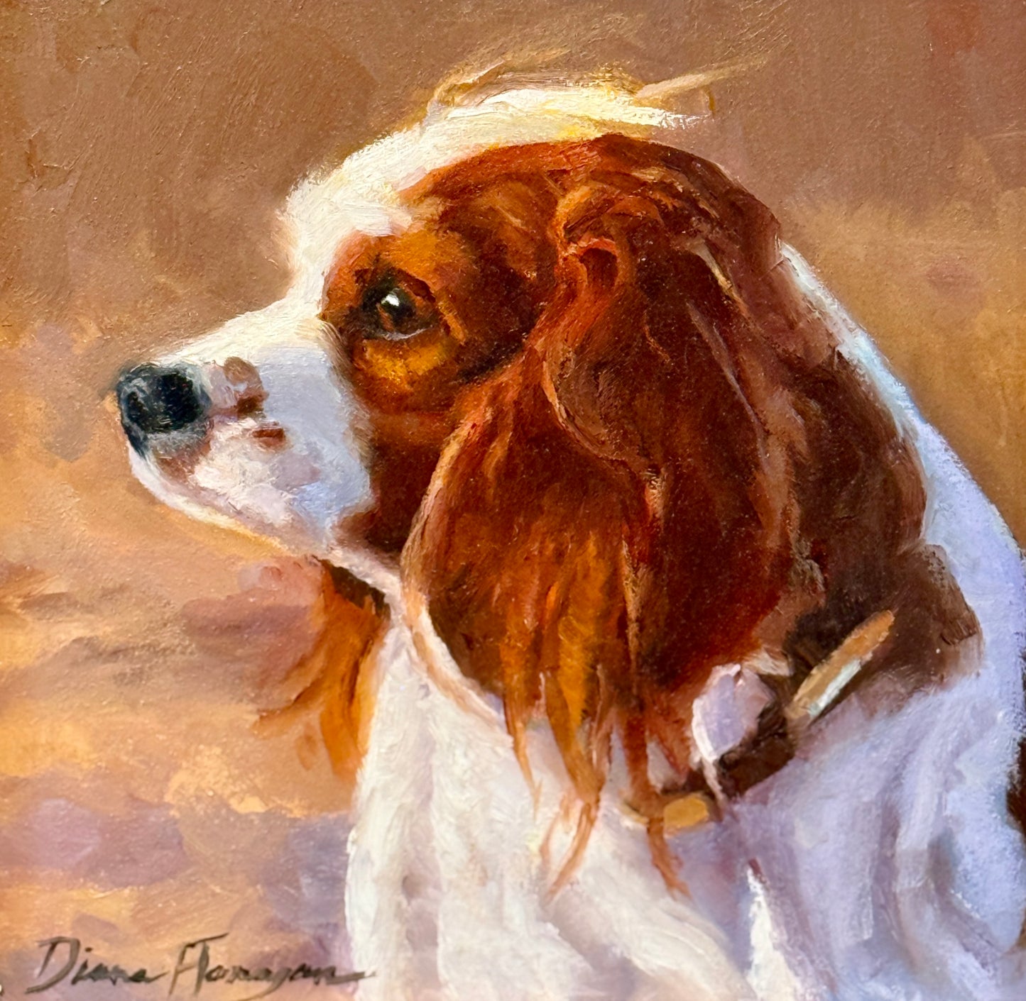 Diane Flanagan Copper King Charles Cavalier Dog Portrait Oil Painting in Gold Frame
