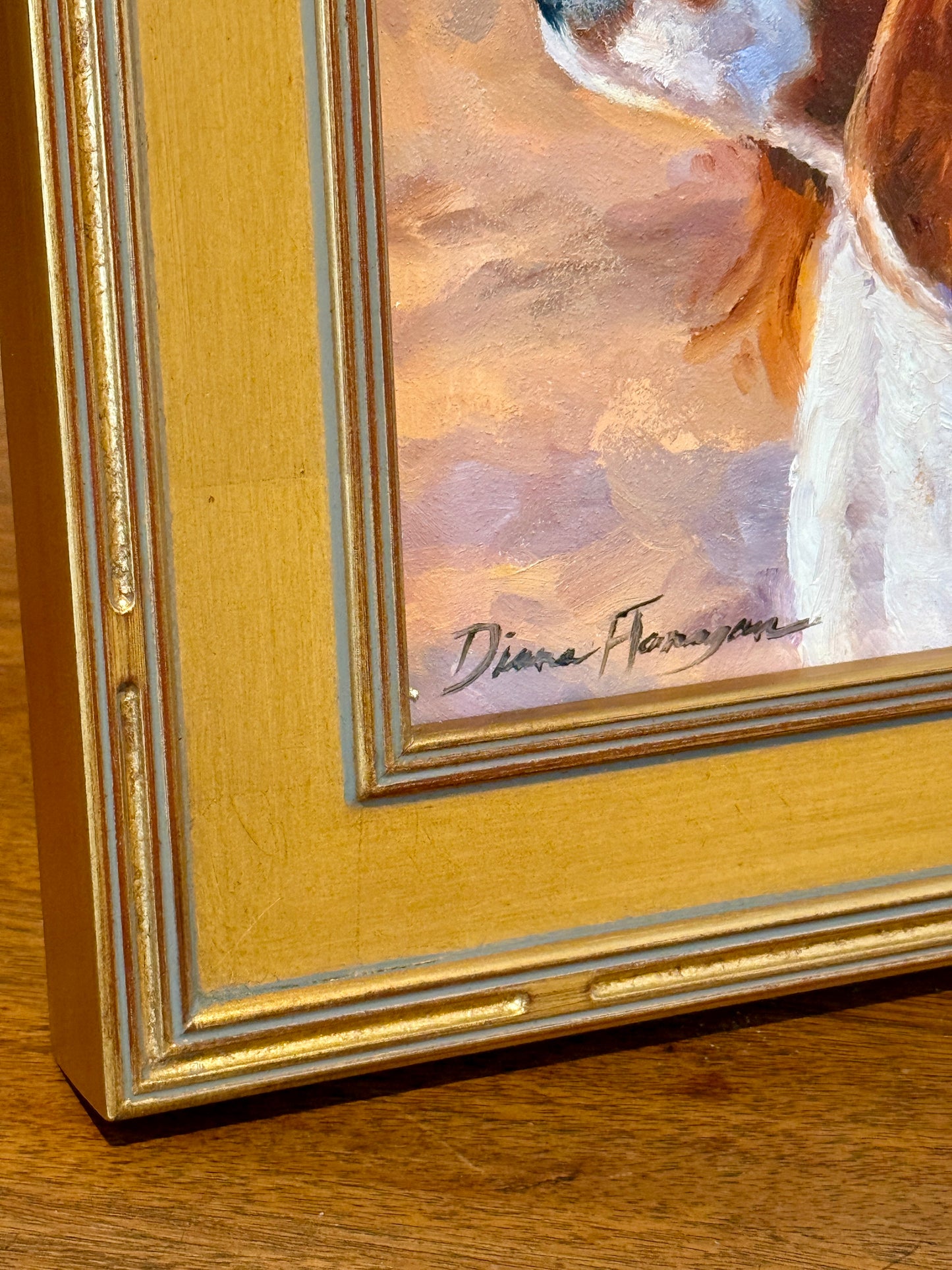 Diane Flanagan Copper King Charles Cavalier Dog Portrait Oil Painting in Gold Frame