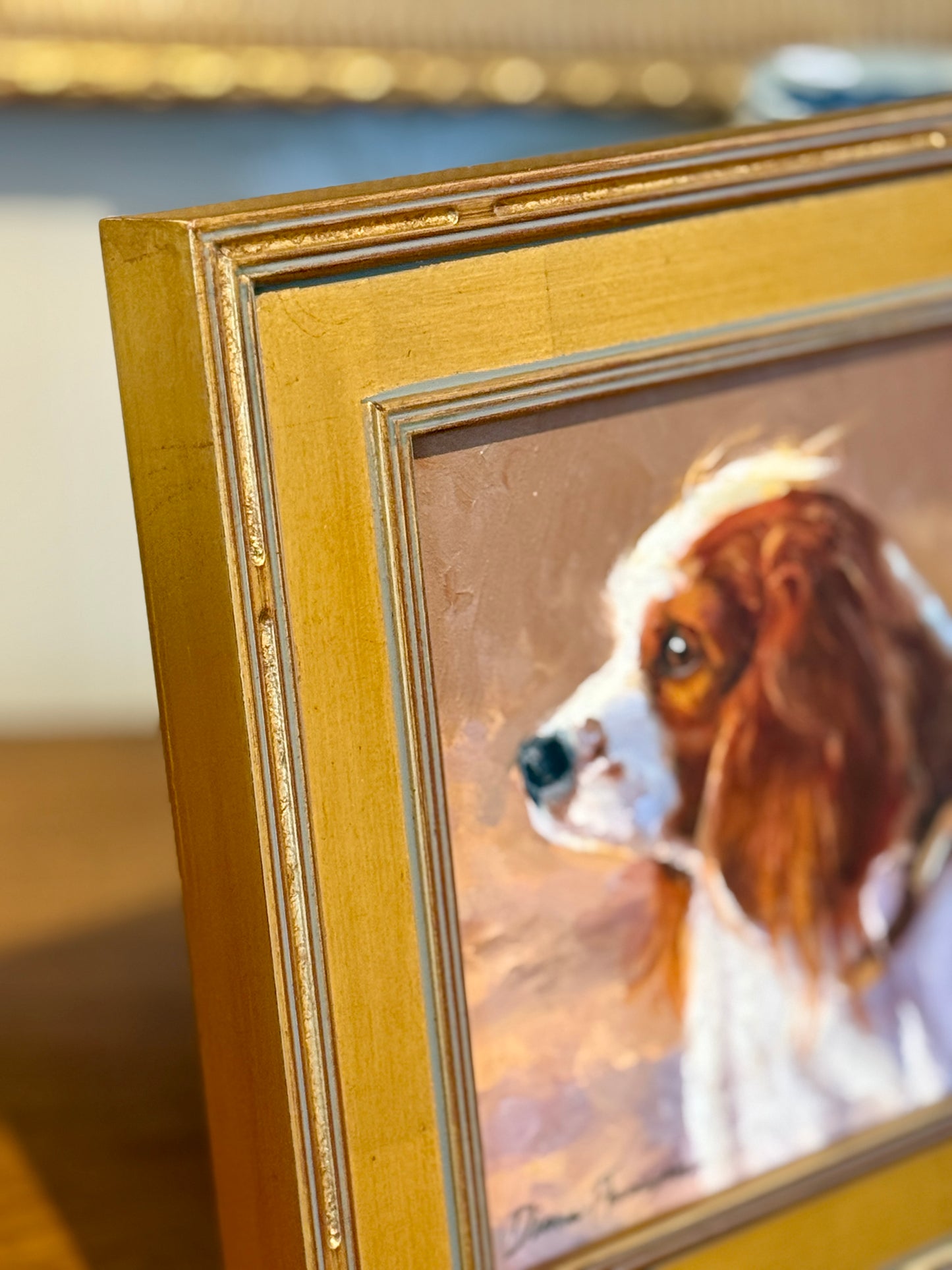 Diane Flanagan Copper King Charles Cavalier Dog Portrait Oil Painting in Gold Frame