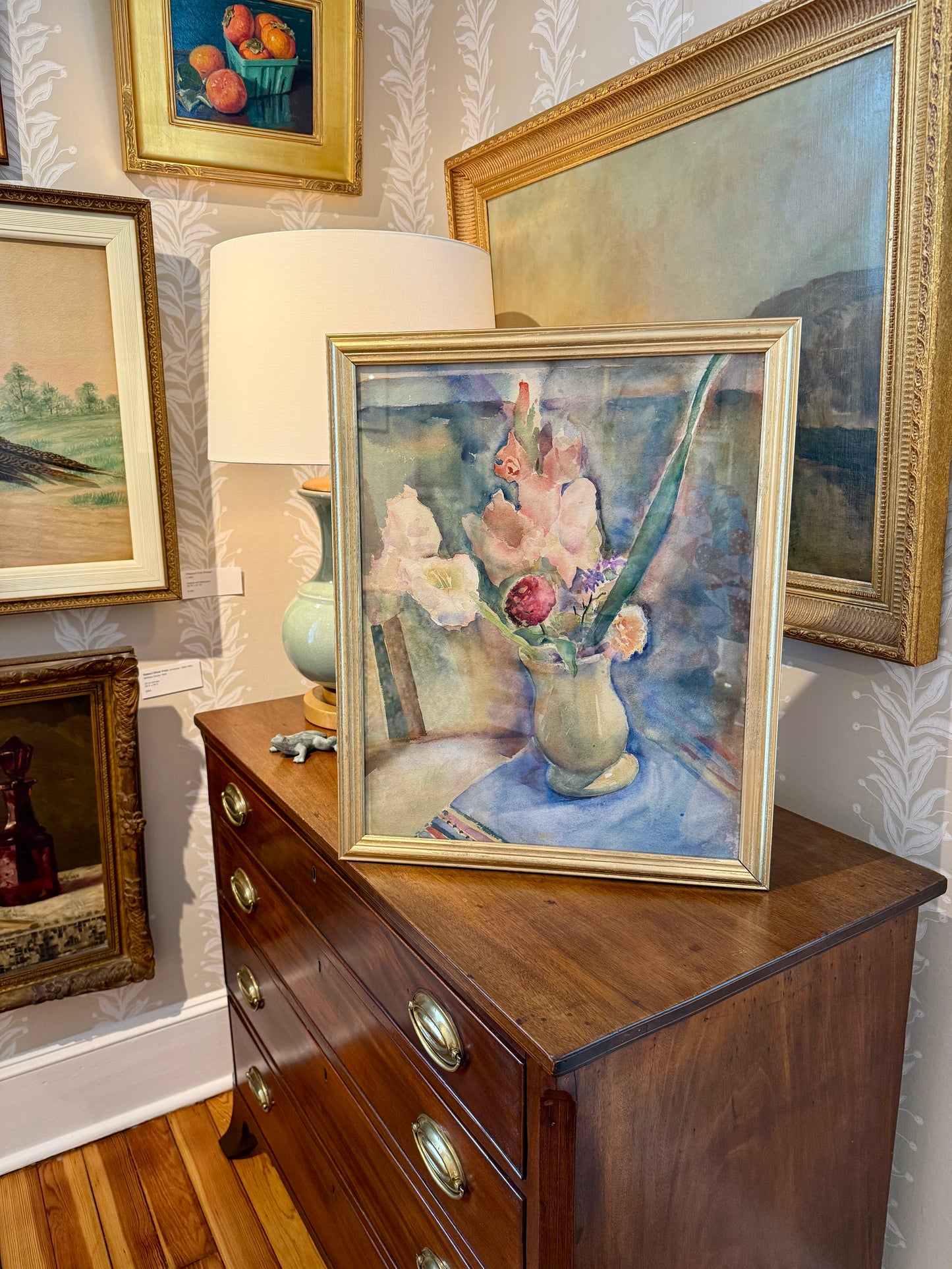 Attr. to Arthur Beecher Carles Watercolor Lilies and Floral Still Life Painting in Gold Frame