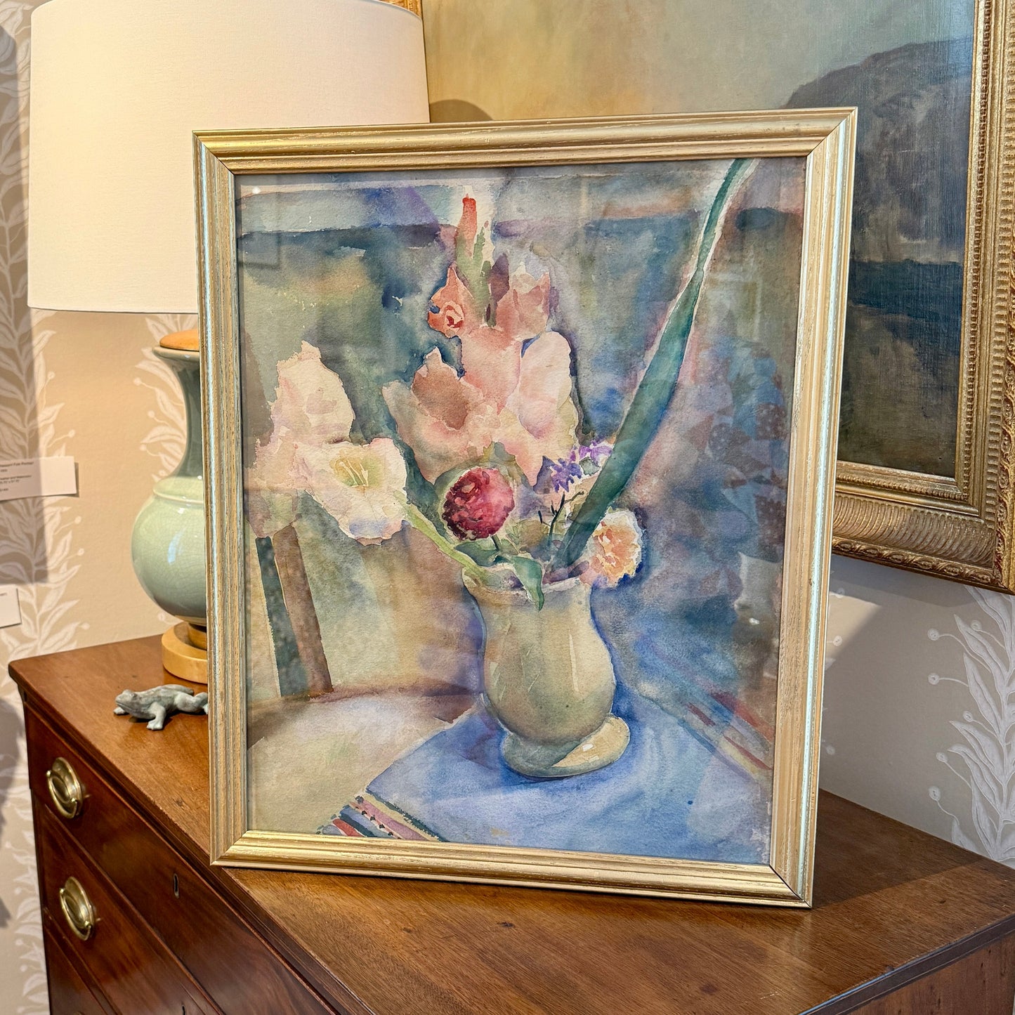 Attr. to Arthur Beecher Carles Watercolor Lilies and Floral Still Life Painting in Gold Frame