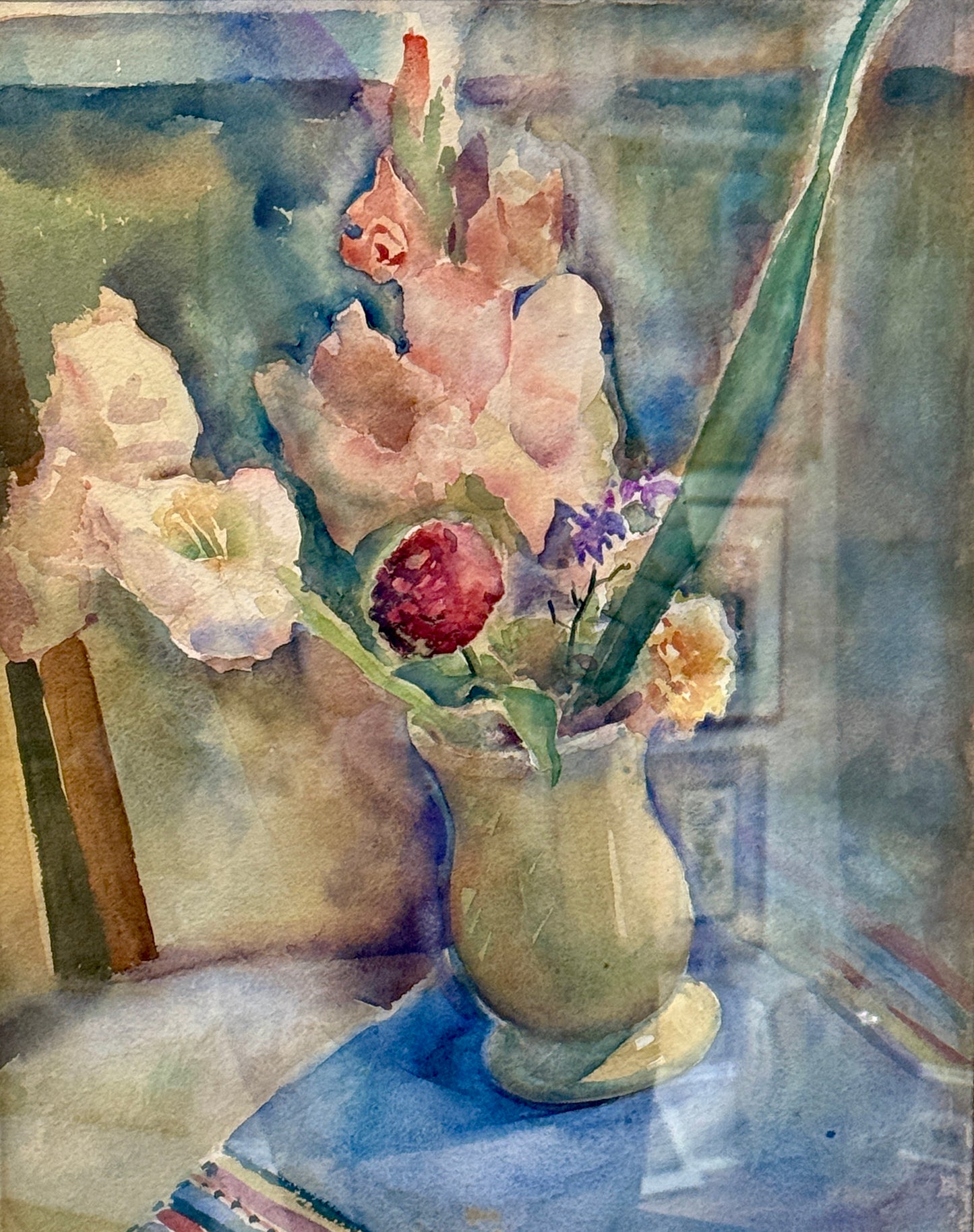 Attr. to Arthur Beecher Carles Watercolor Lilies and Floral Still Life Painting in Gold Frame