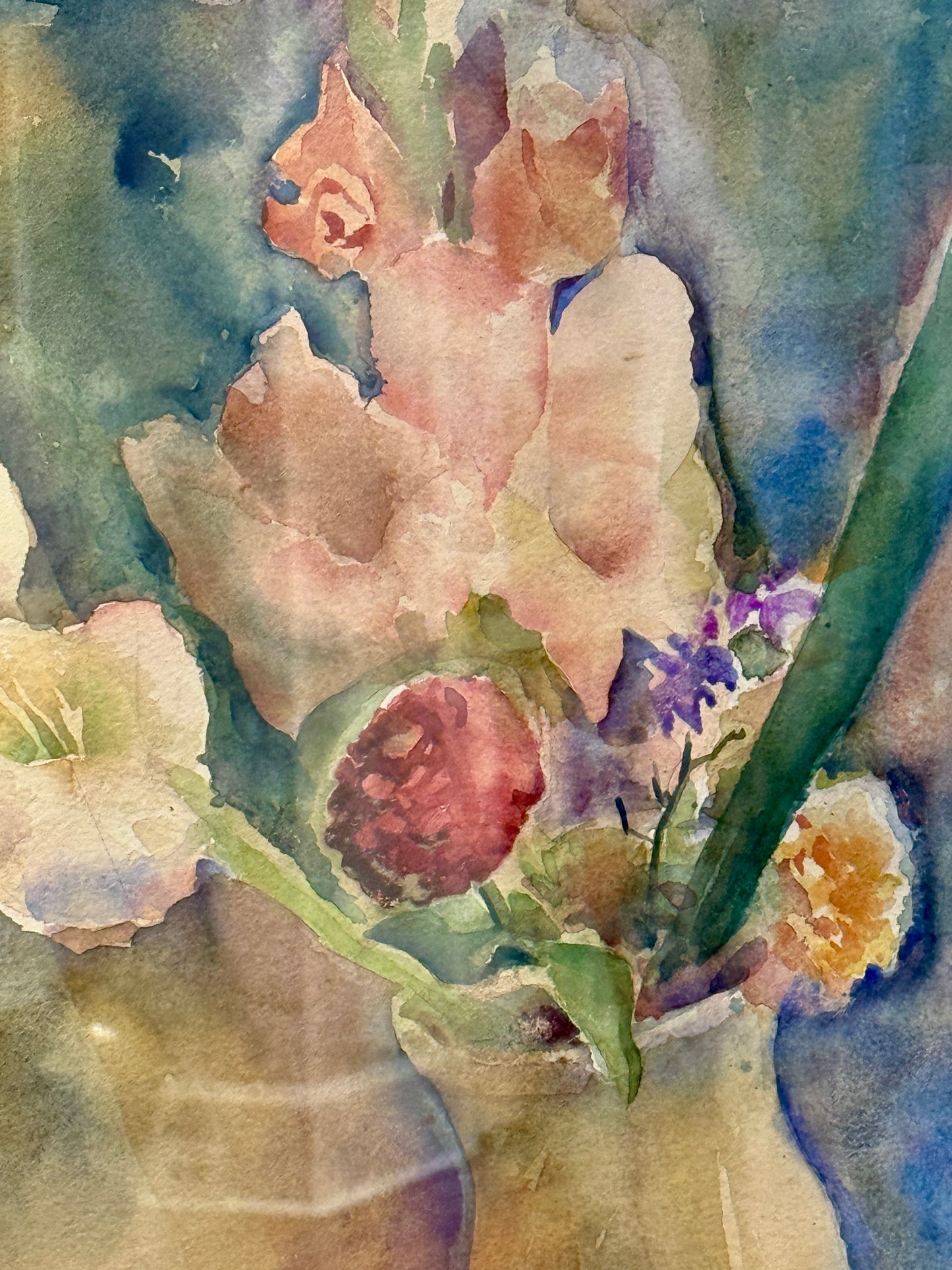 Attr. to Arthur Beecher Carles Watercolor Lilies and Floral Still Life Painting in Gold Frame