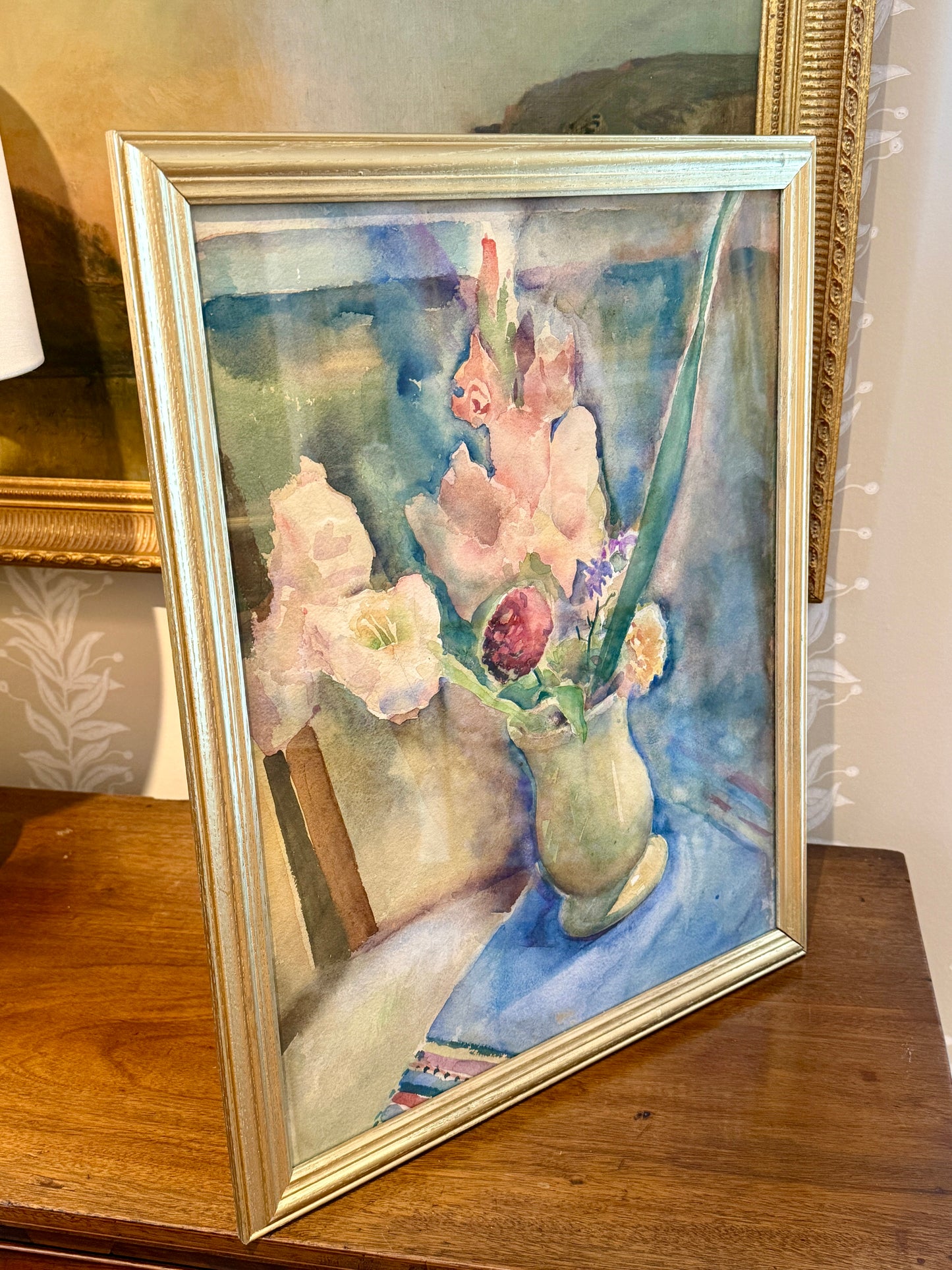 Attr. to Arthur Beecher Carles Watercolor Lilies and Floral Still Life Painting in Gold Frame