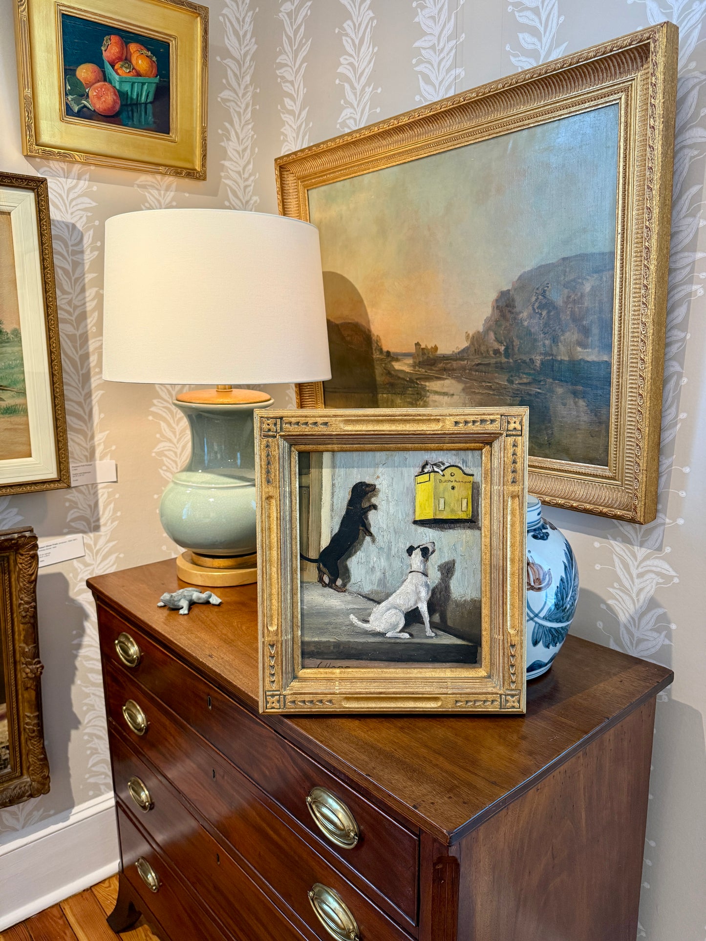 C. Haag Early 20th Century Waiting Game Dachshund Terrier and Kitten Oil Painting in Massive Gold Frame