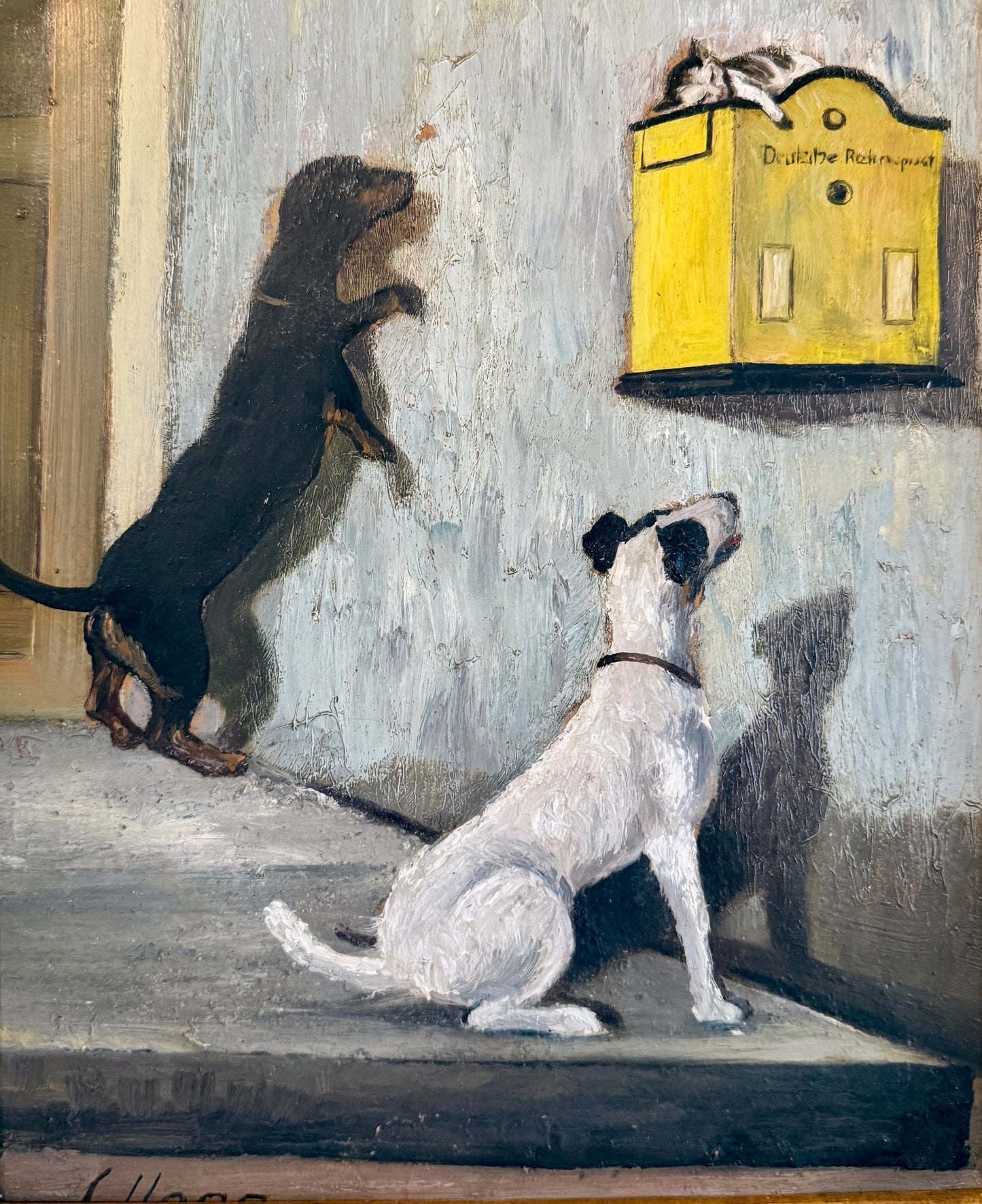 C. Haag Early 20th Century Waiting Game Dachshund Terrier and Kitten Oil Painting in Massive Gold Frame
