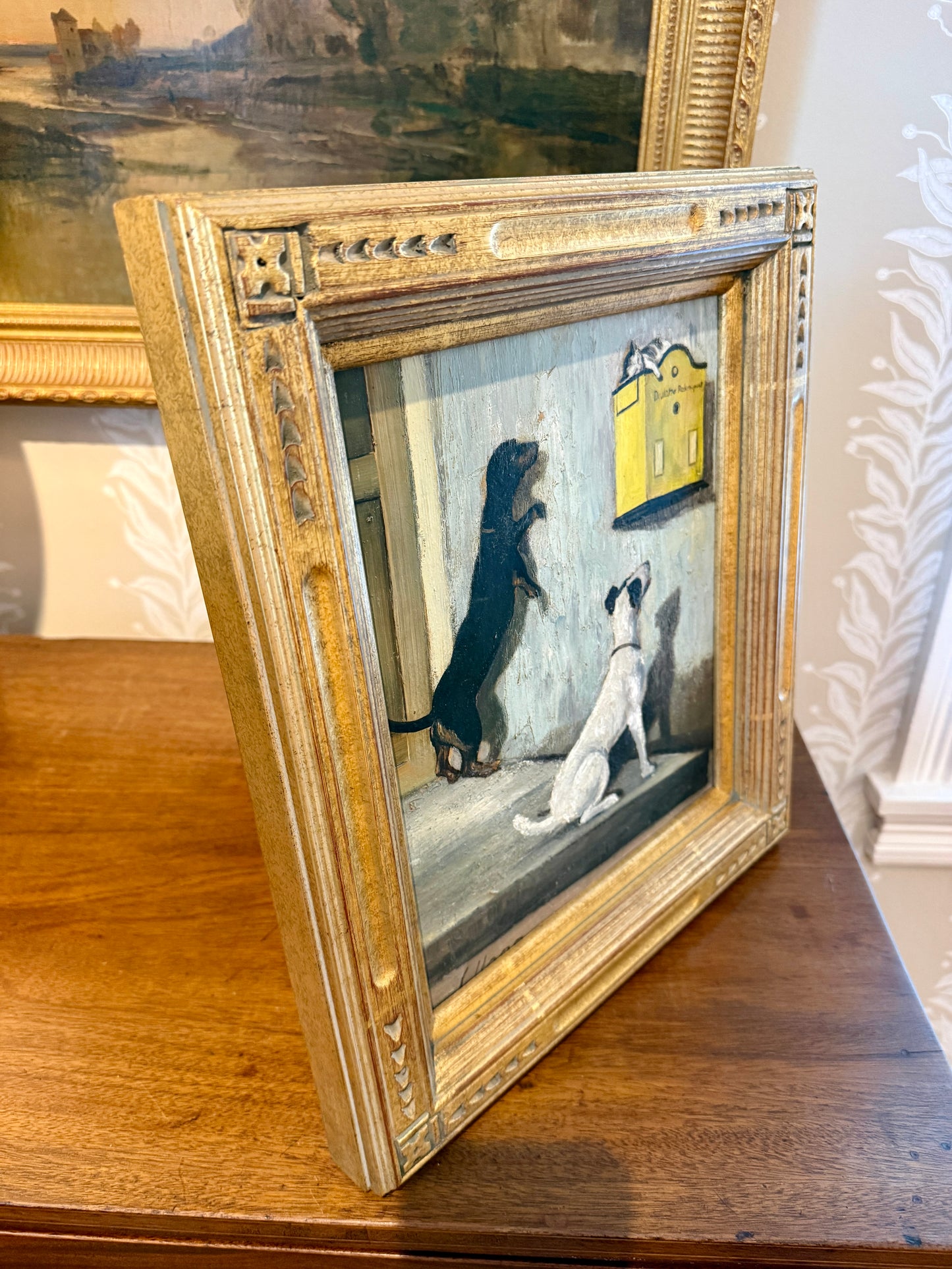 C. Haag Early 20th Century Waiting Game Dachshund Terrier and Kitten Oil Painting in Massive Gold Frame