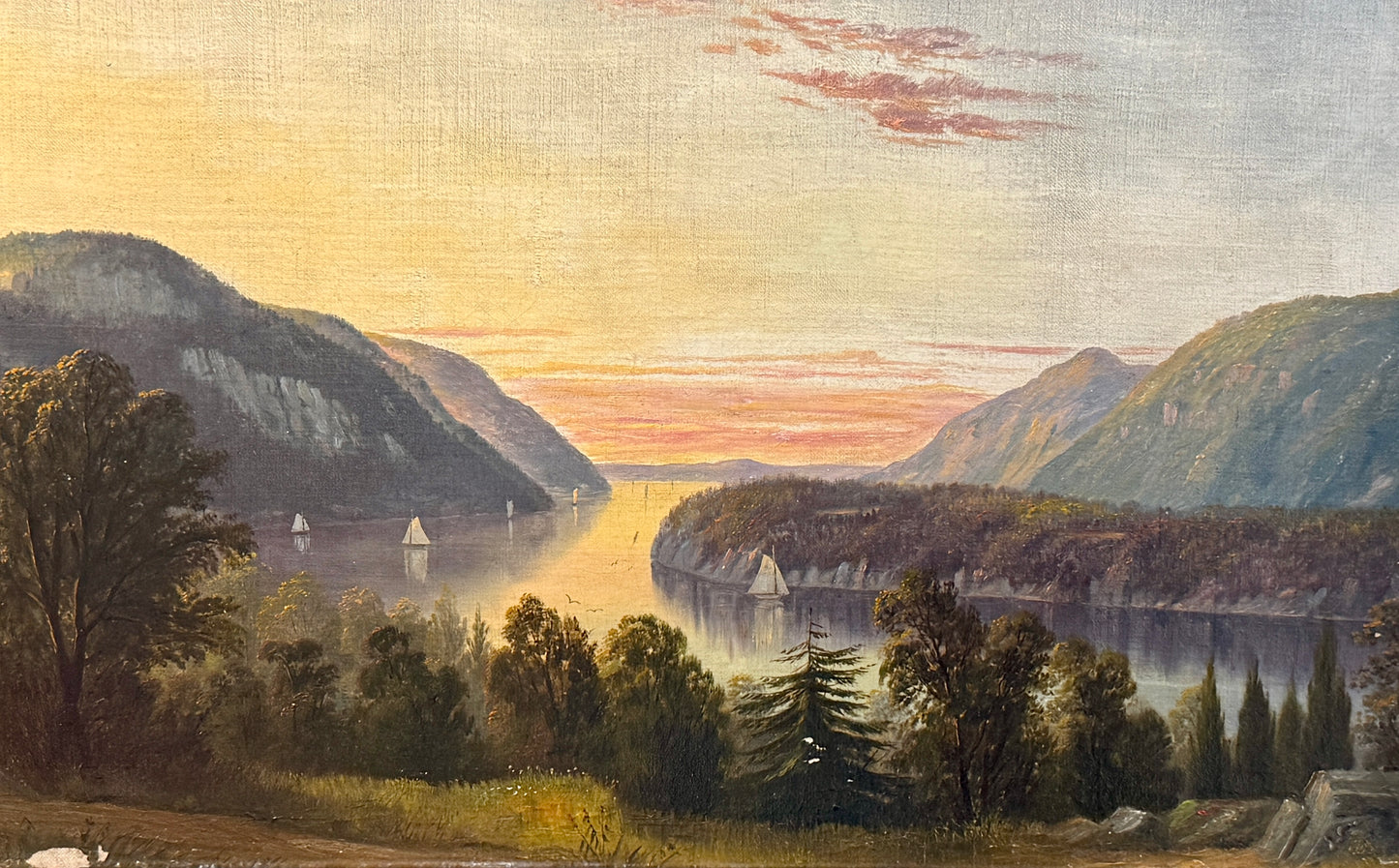 19th Century American Hudson River Valley Luminous Landscape Oil Painting in Gold Frame