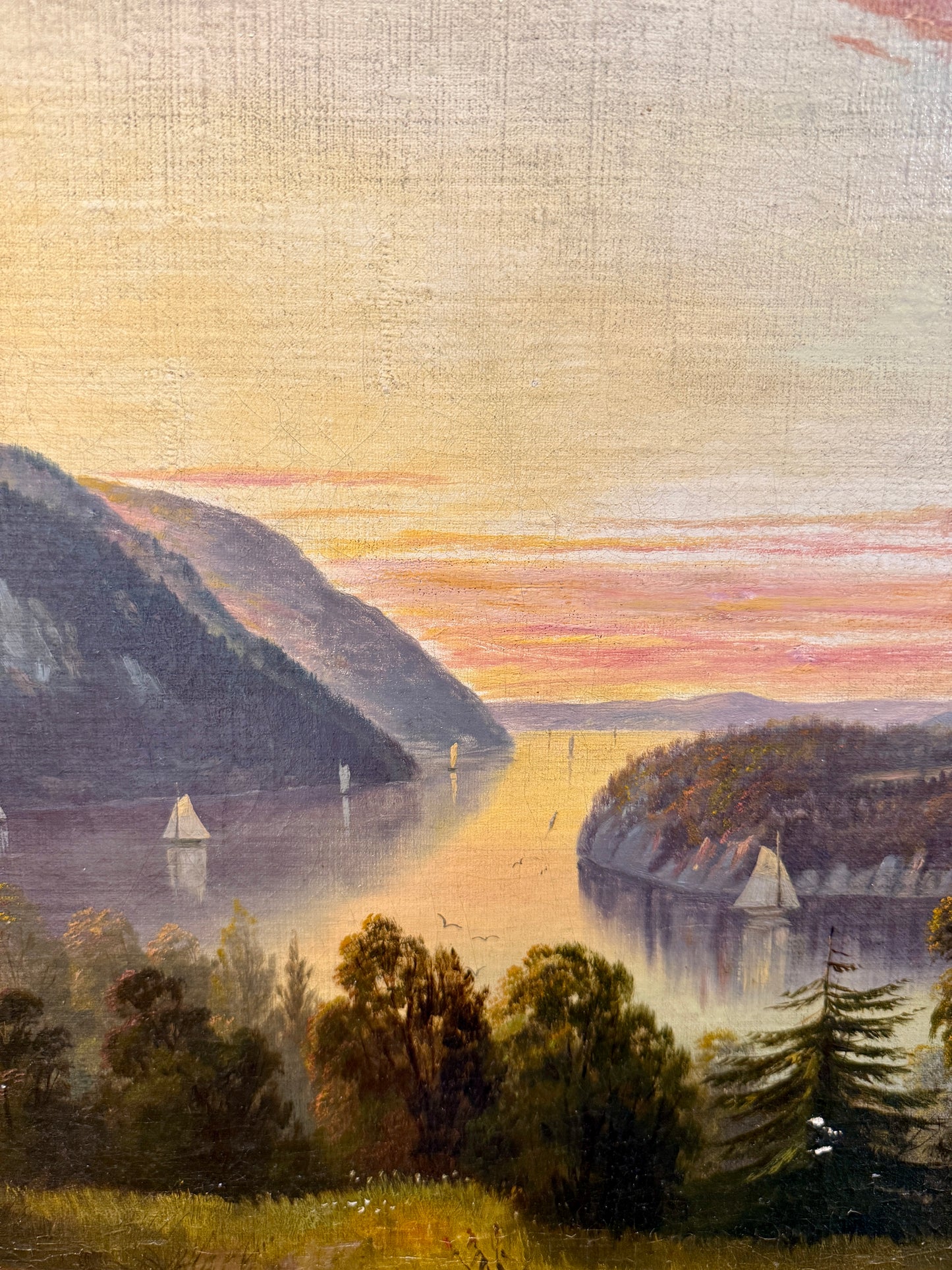 19th Century American Hudson River Valley Luminous Landscape Oil Painting in Gold Frame
